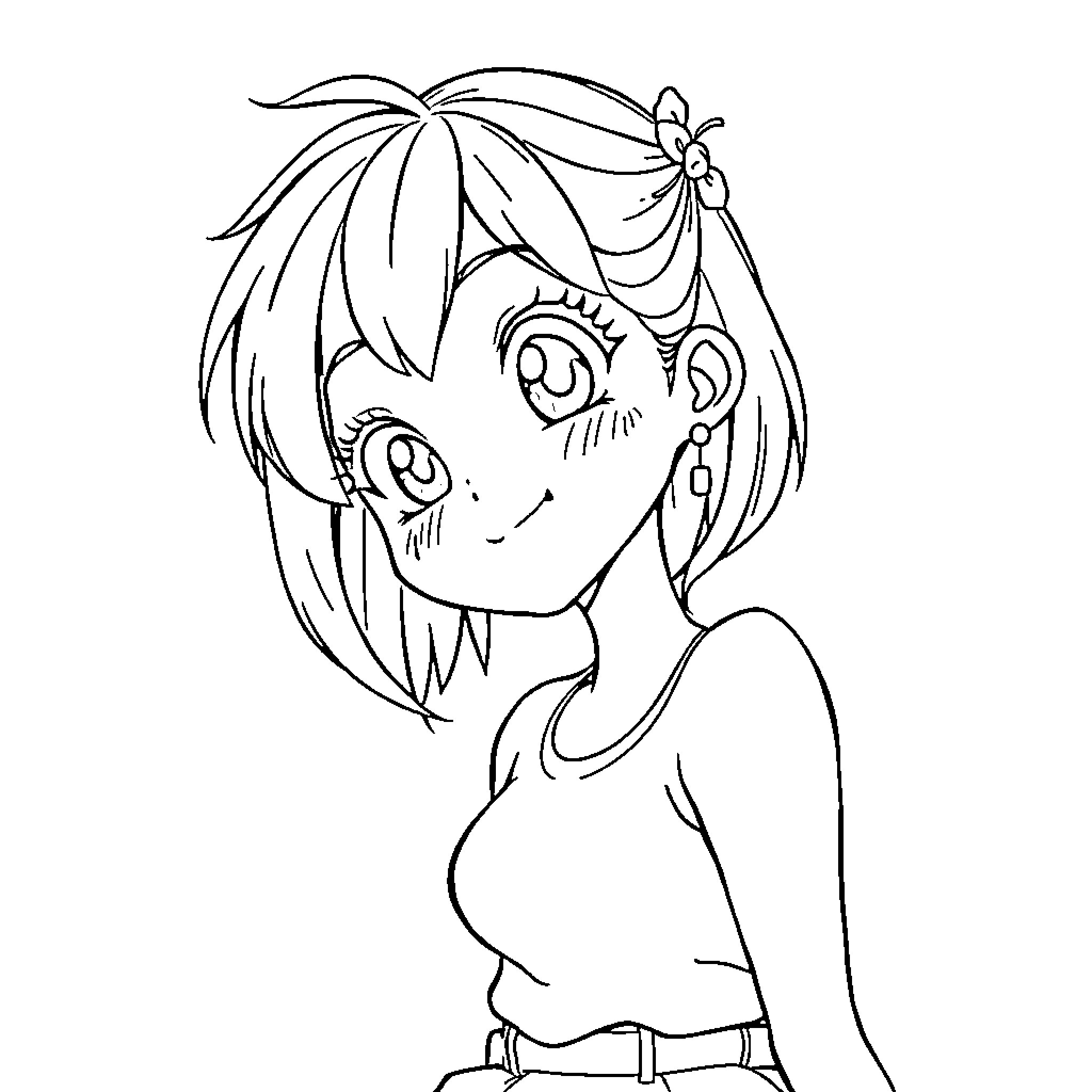 Anime Girl with Whimsical Flower Accessory Coloring Page (free black-and-white line drawing printable PDF for all, from beginners to advanced learners, including children, teens, adults, and seniors)
