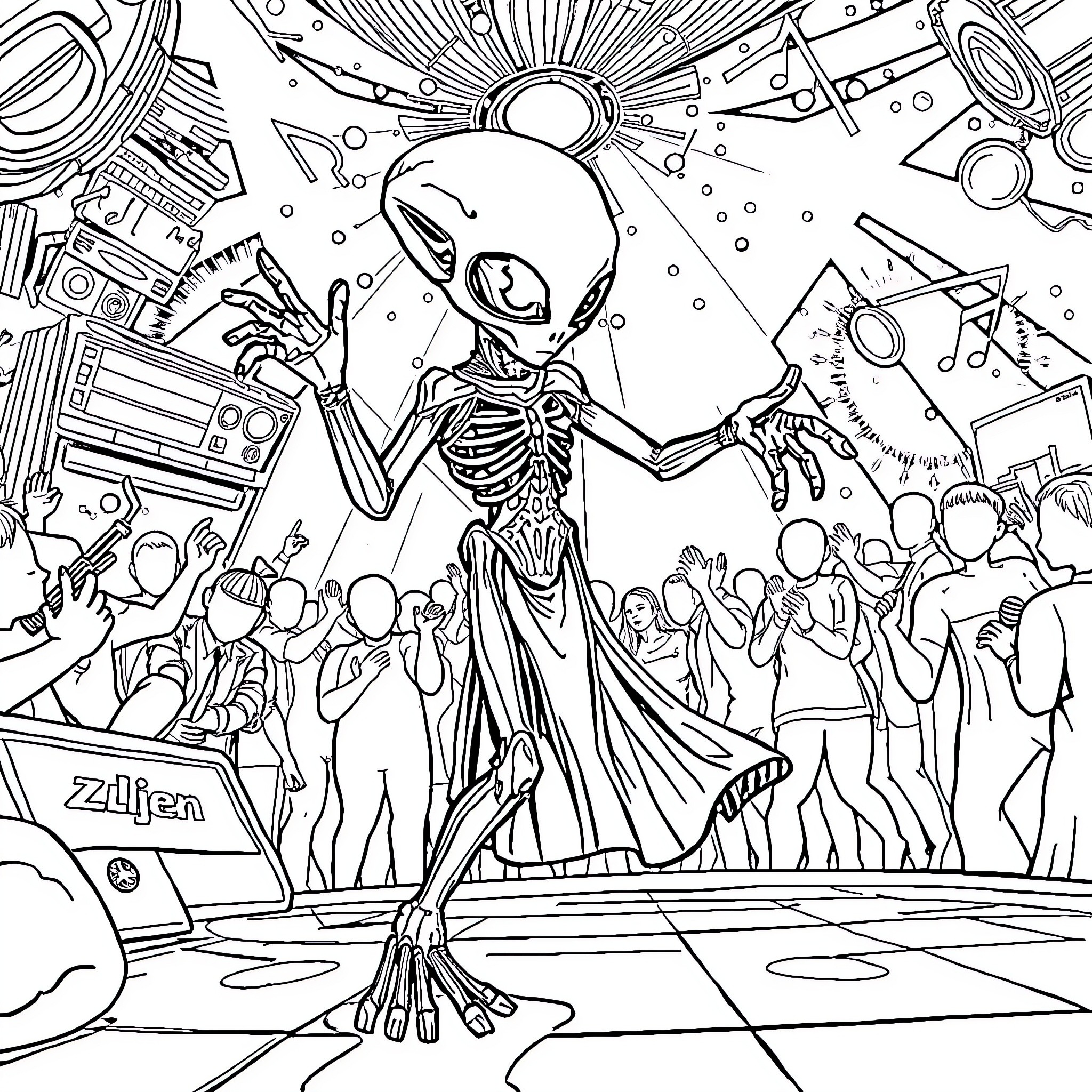 Alien Skeleton Performing on a Stage Coloring Page (free black-and-white line drawing printable PDF for all, from beginners to advanced learners, including children, teens, adults, and seniors)