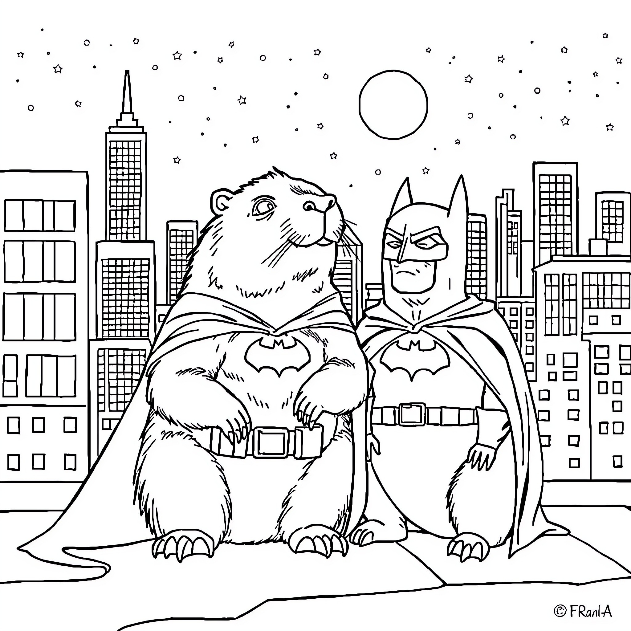 Capybara and Batman in the city at night Coloring Page (free black-and-white line drawing printable PDF for all, from beginners to advanced learners, including children, teens, adults, and seniors)