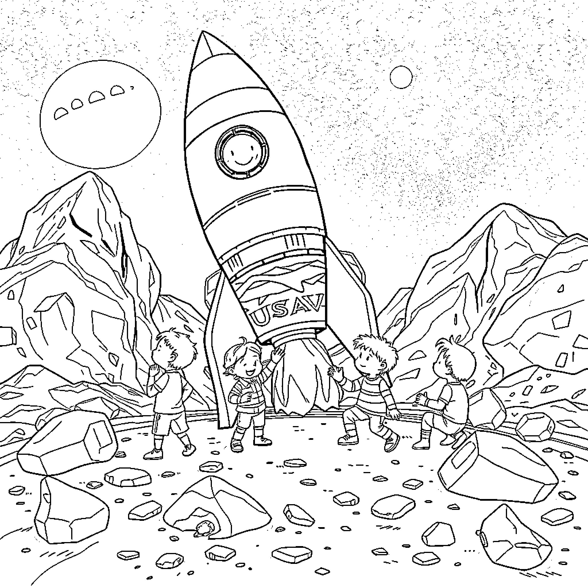 Rocket launch with astronauts in spacesuit Coloring Page (free black-and-white line drawing printable PDF for all, from beginners to advanced learners, including children, teens, adults, and seniors)