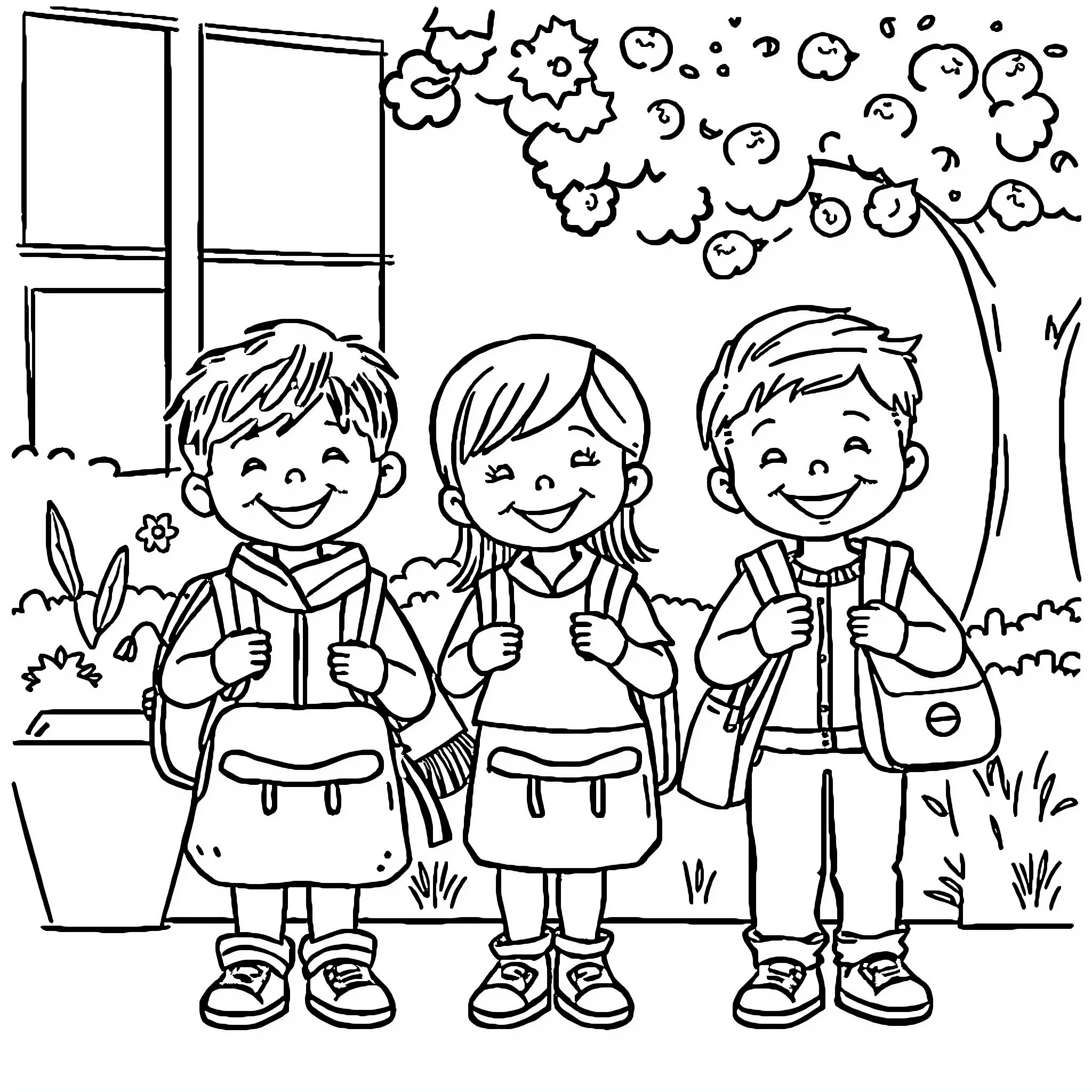 Back to School: Cheerful Children Heading to Class Coloring Page (free black-and-white line drawing printable PDF for all, from beginners to advanced learners, including children, teens, adults, and seniors)