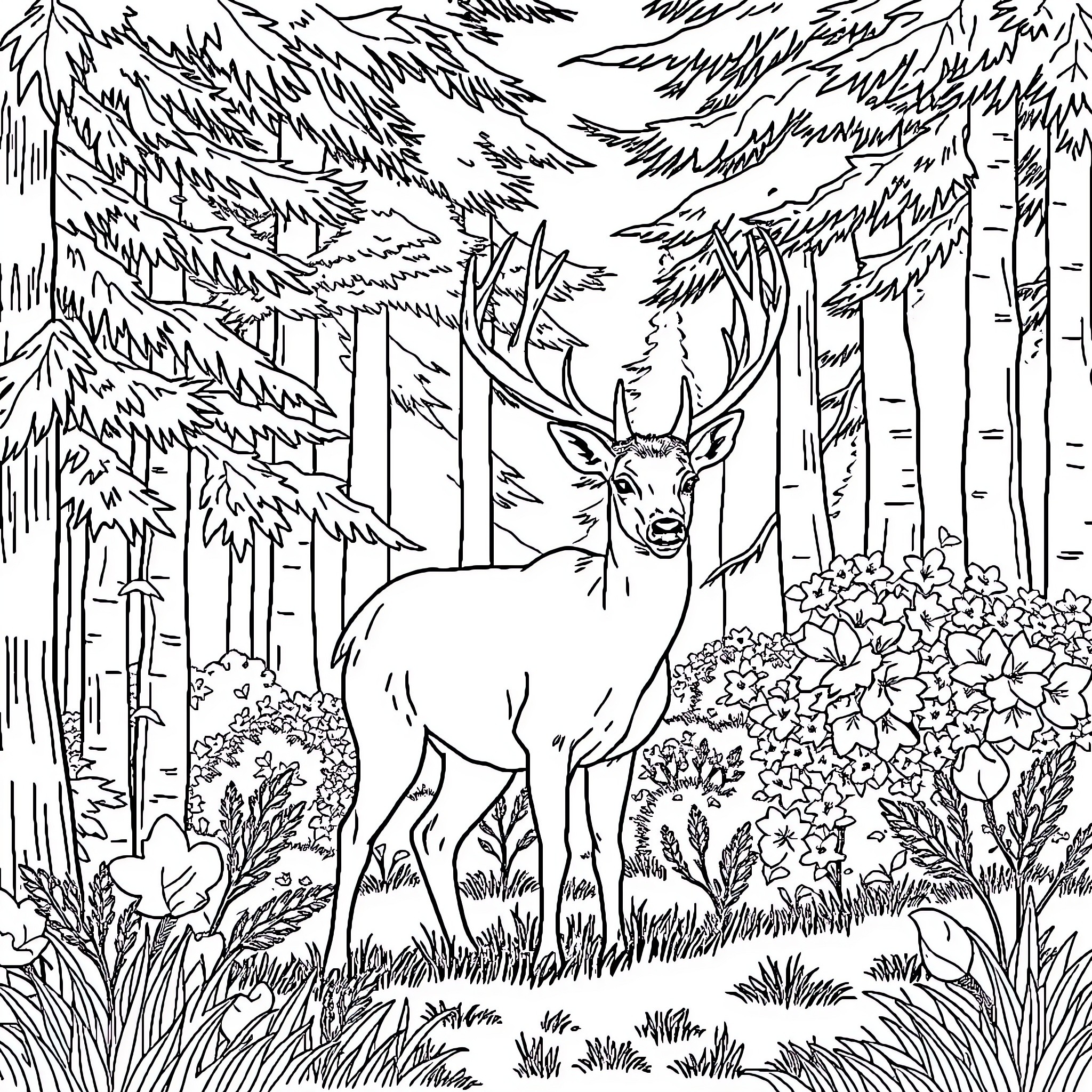 Whitetail Deer in Lush Forest Landscape Coloring Page (free black-and-white line drawing printable PDF for all, from beginners to advanced learners, including children, teens, adults, and seniors)