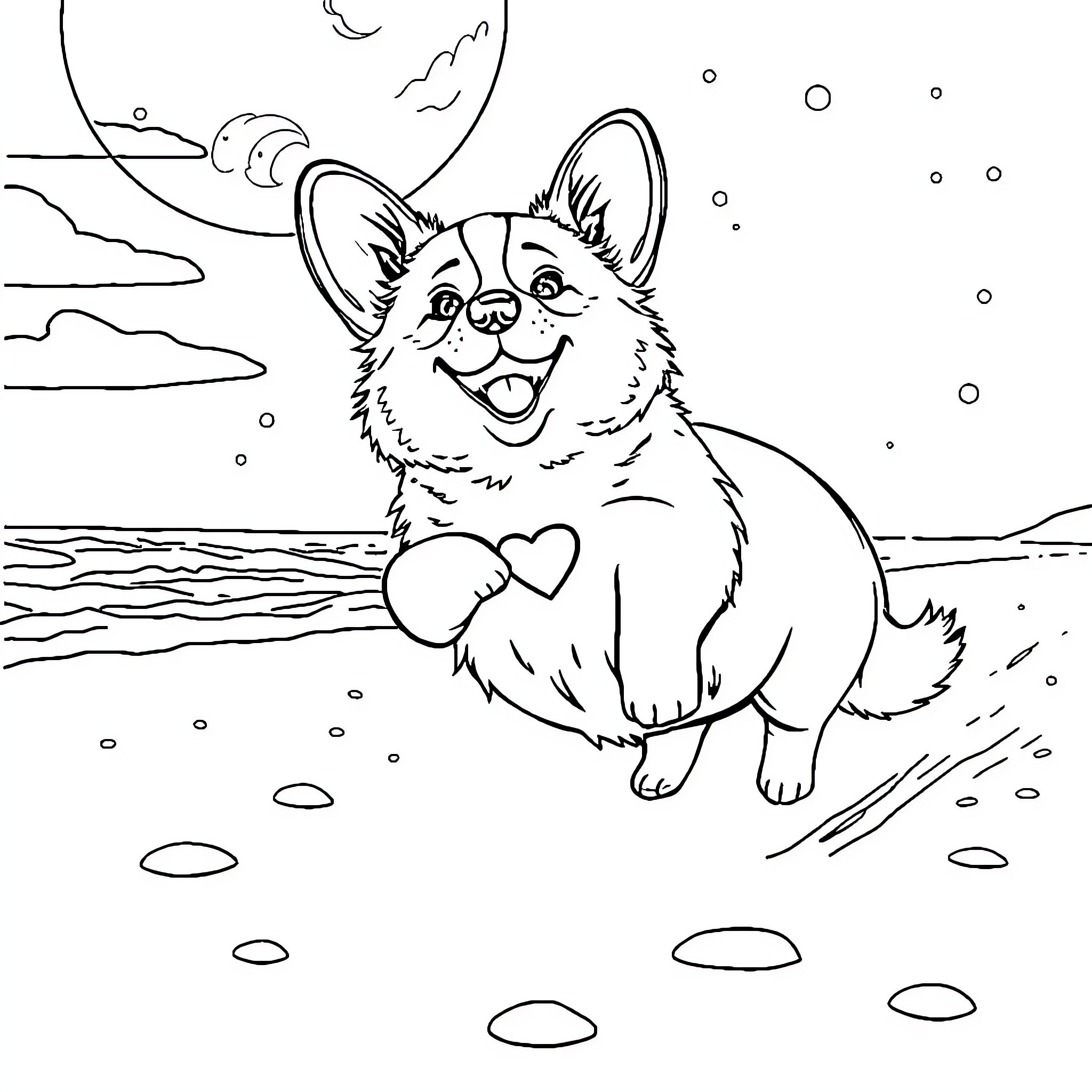 Corgi playing joyfully in the snowy landscape Coloring Page (free black-and-white line drawing printable PDF for all, from beginners to advanced learners, including children, teens, adults, and seniors)