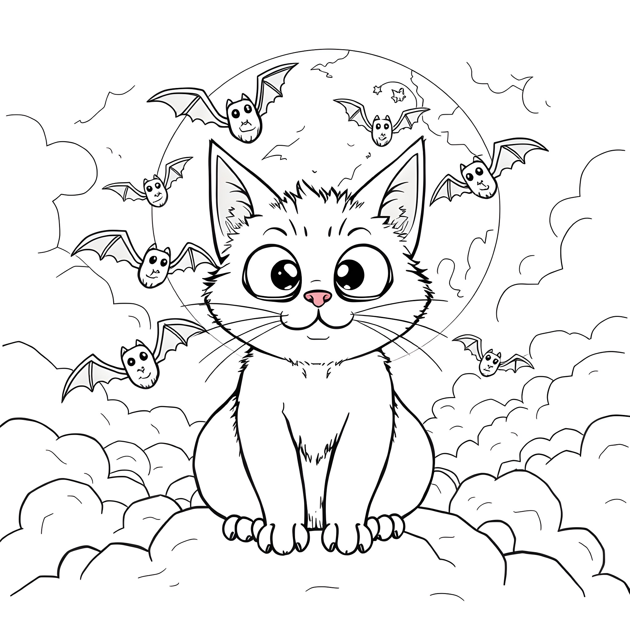 Bat-eared cat surrounded by bats on a cloudy night Coloring Page (free black-and-white line drawing printable PDF for all, from beginners to advanced learners, including children, teens, adults, and seniors)