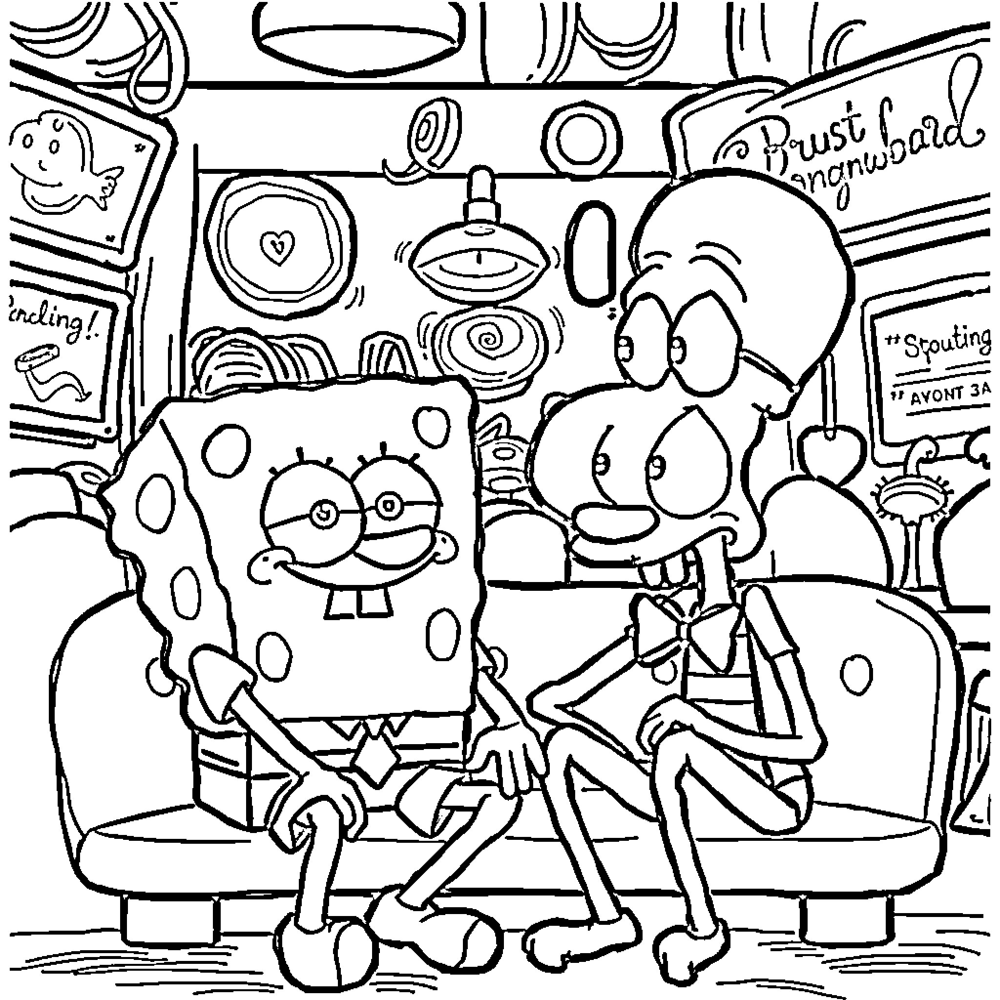Spongebob and friends in a chaotic scene Coloring Page (free black-and-white line drawing printable PDF for all, from beginners to advanced learners, including children, teens, adults, and seniors)