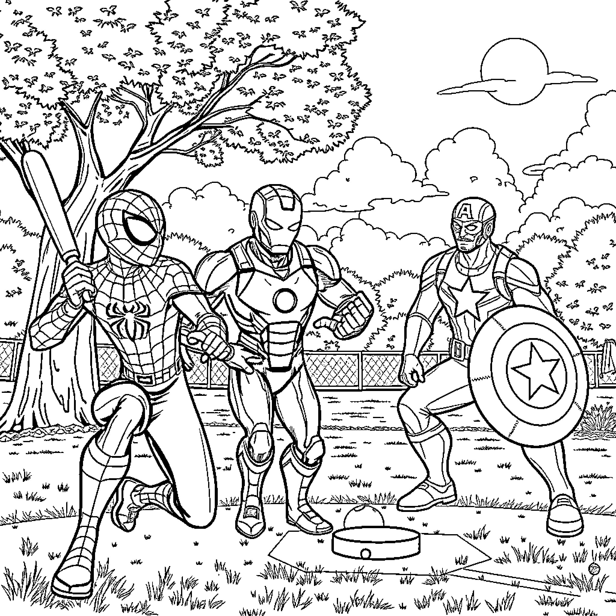 Spiderman, Iron Man, and Captain America in action Coloring Page (free black-and-white line drawing printable PDF for all, from beginners to advanced learners, including children, teens, adults, and seniors)