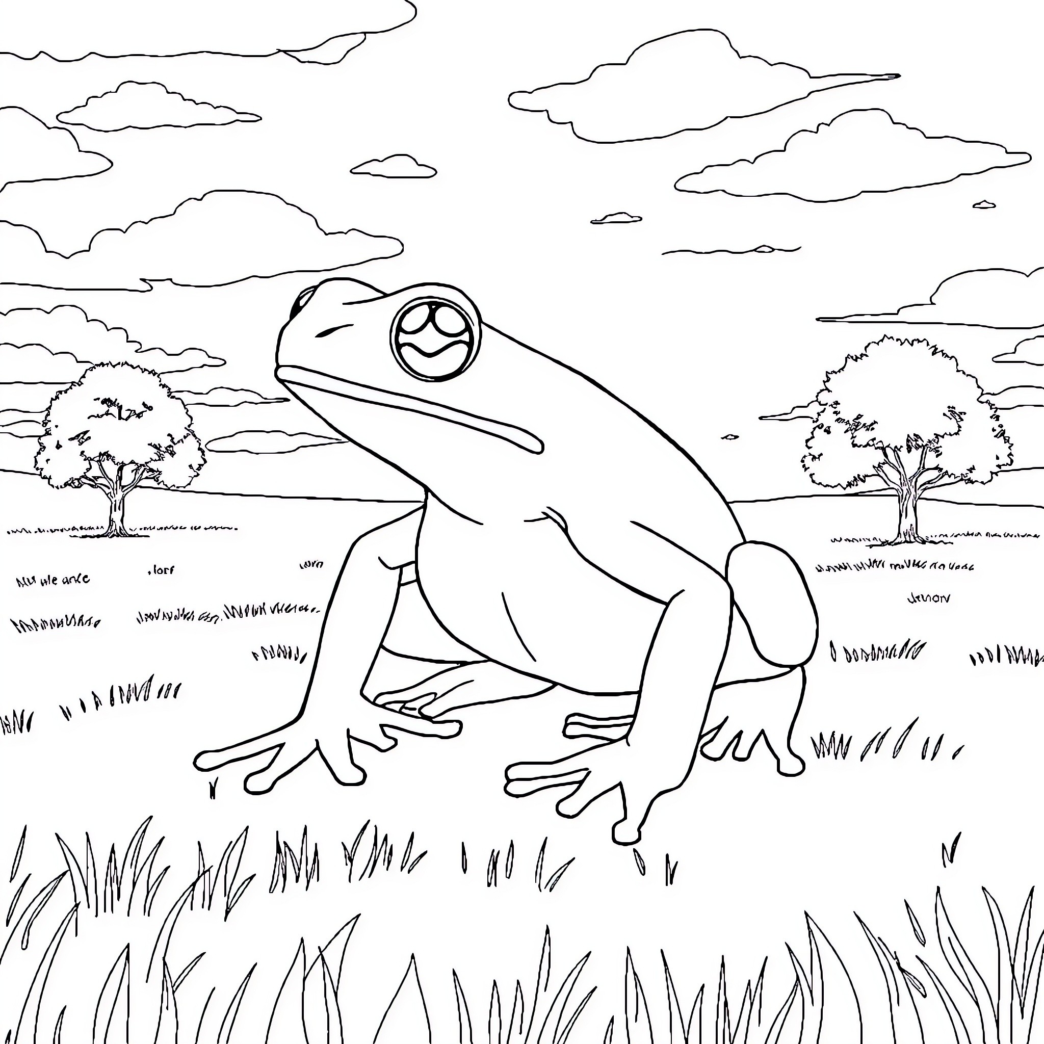 Frog enjoying the outdoors in nature Coloring Page (free black-and-white line drawing printable PDF for all, from beginners to advanced learners, including children, teens, adults, and seniors)