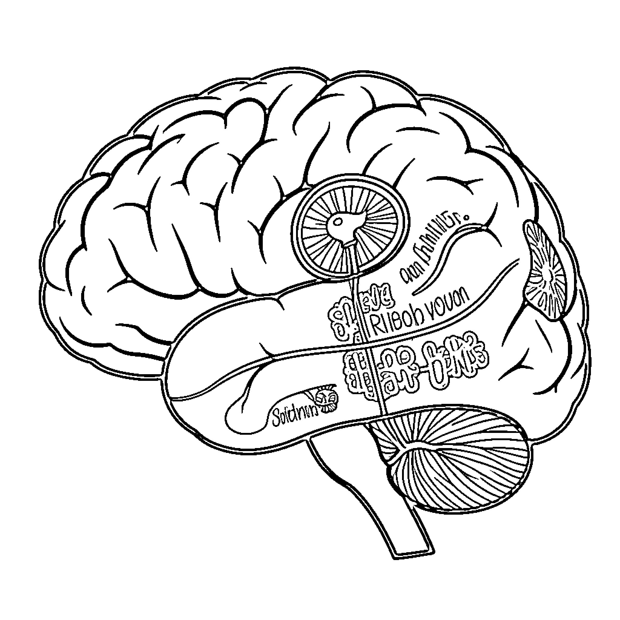 Brain filled with scientific and medical terms Coloring Page (free black-and-white line drawing printable PDF for all, from beginners to advanced learners, including children, teens, adults, and seniors)