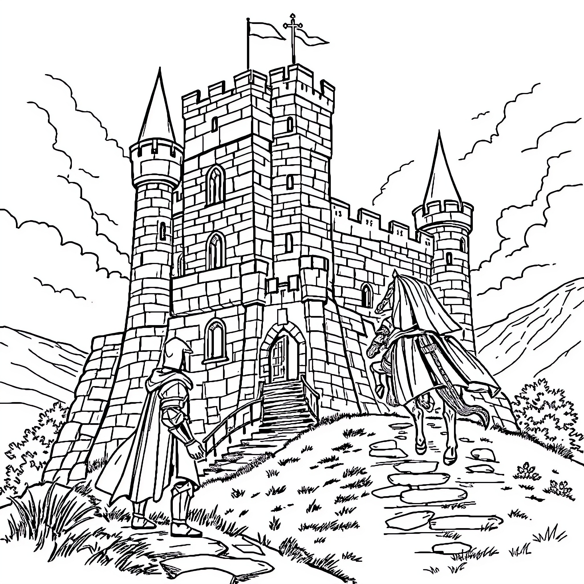 Castle with Characters and Landscape Coloring Page (free black-and-white line drawing printable PDF for all, from beginners to advanced learners, including children, teens, adults, and seniors)