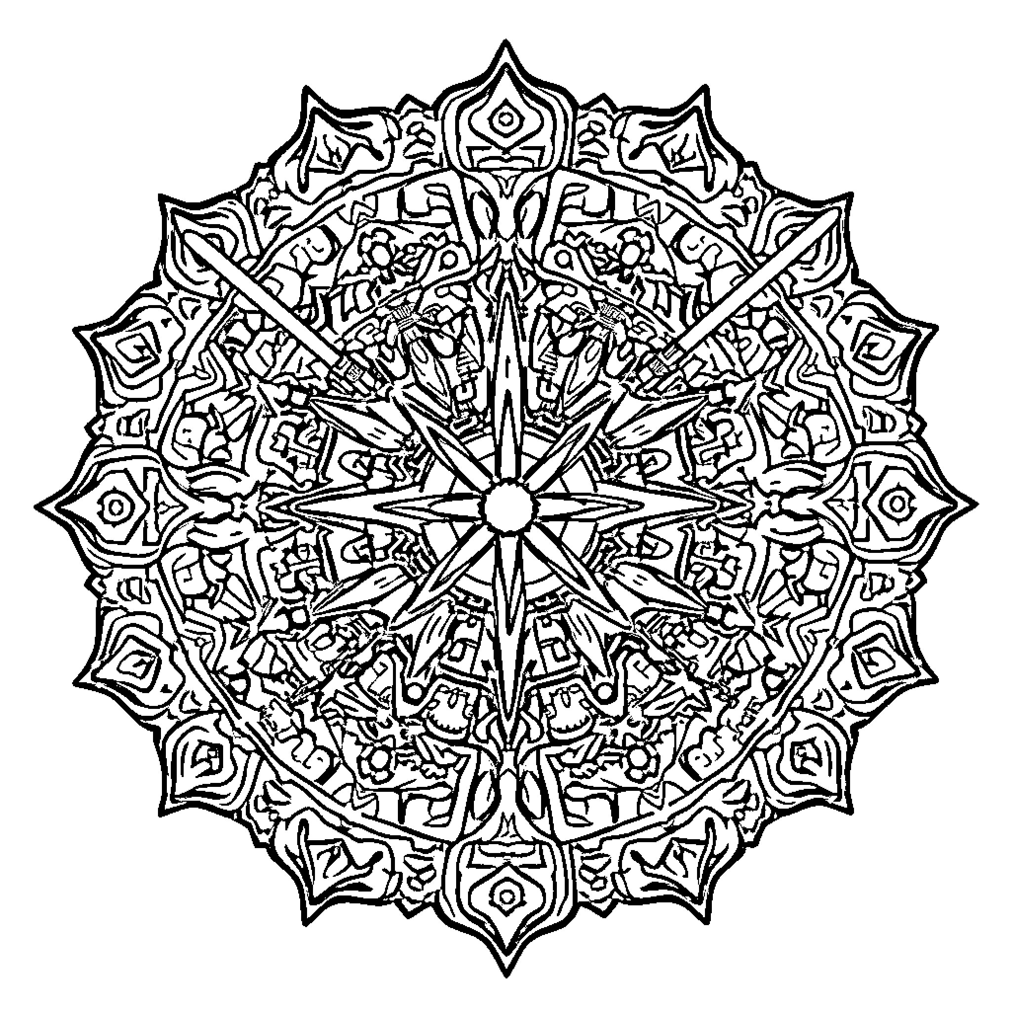 Star Wars-inspired Mandala Design Coloring Page (free black-and-white line drawing printable PDF for all, from beginners to advanced learners, including children, teens, adults, and seniors)