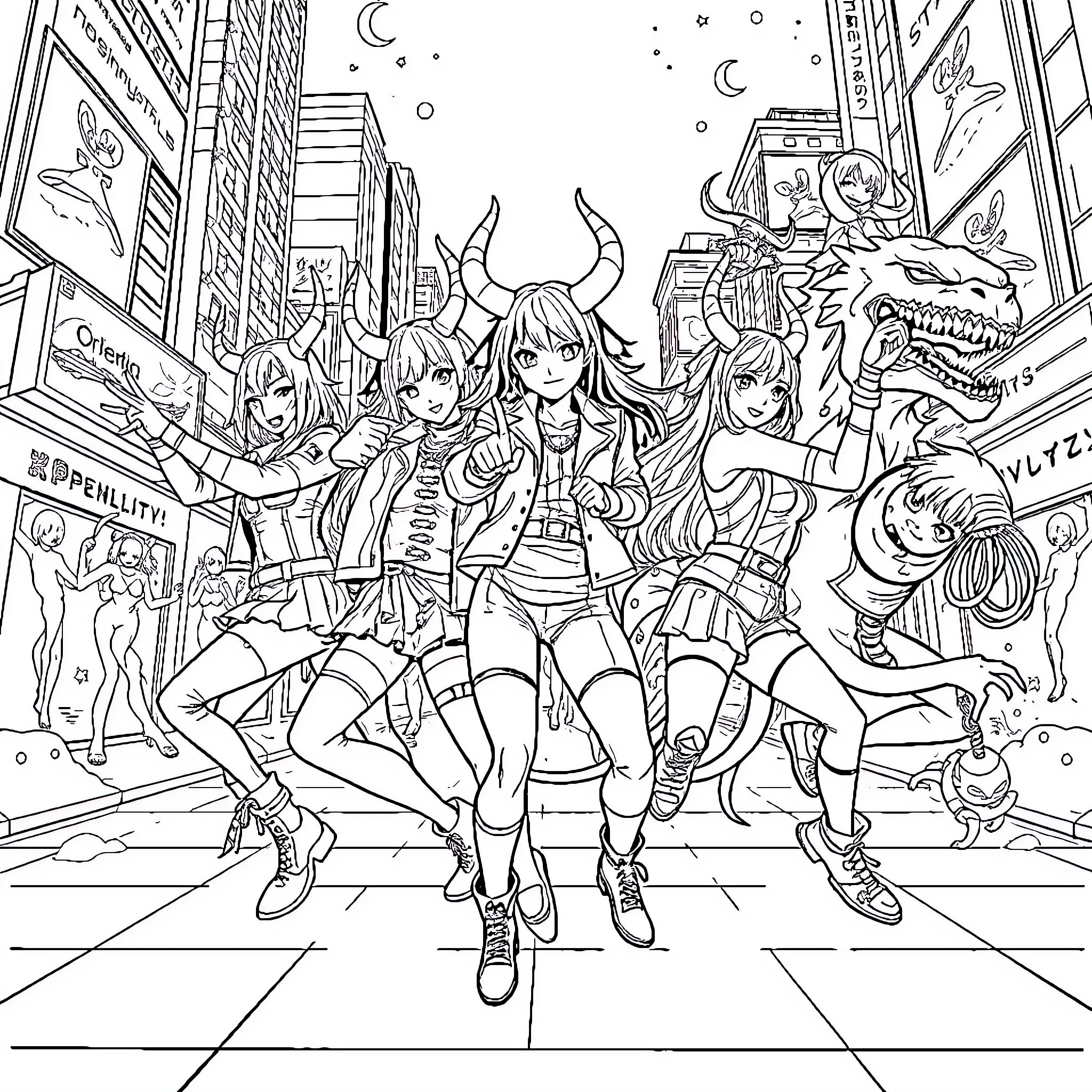 Demon Hunter Warrior Girls Exploring Nighttime City Coloring Page (free black-and-white line drawing printable PDF for all, from beginners to advanced learners, including children, teens, adults, and seniors)