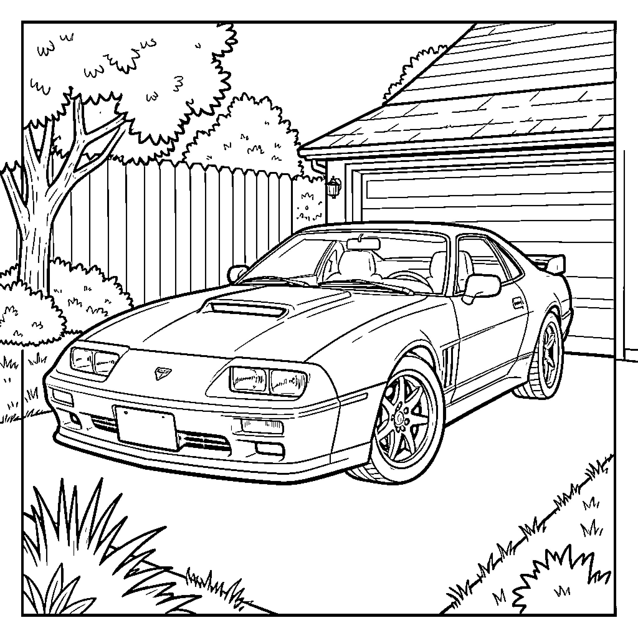 Gto sports car parked in a residential driveway Coloring Page (free black-and-white line drawing printable PDF for all, from beginners to advanced learners, including children, teens, adults, and seniors)