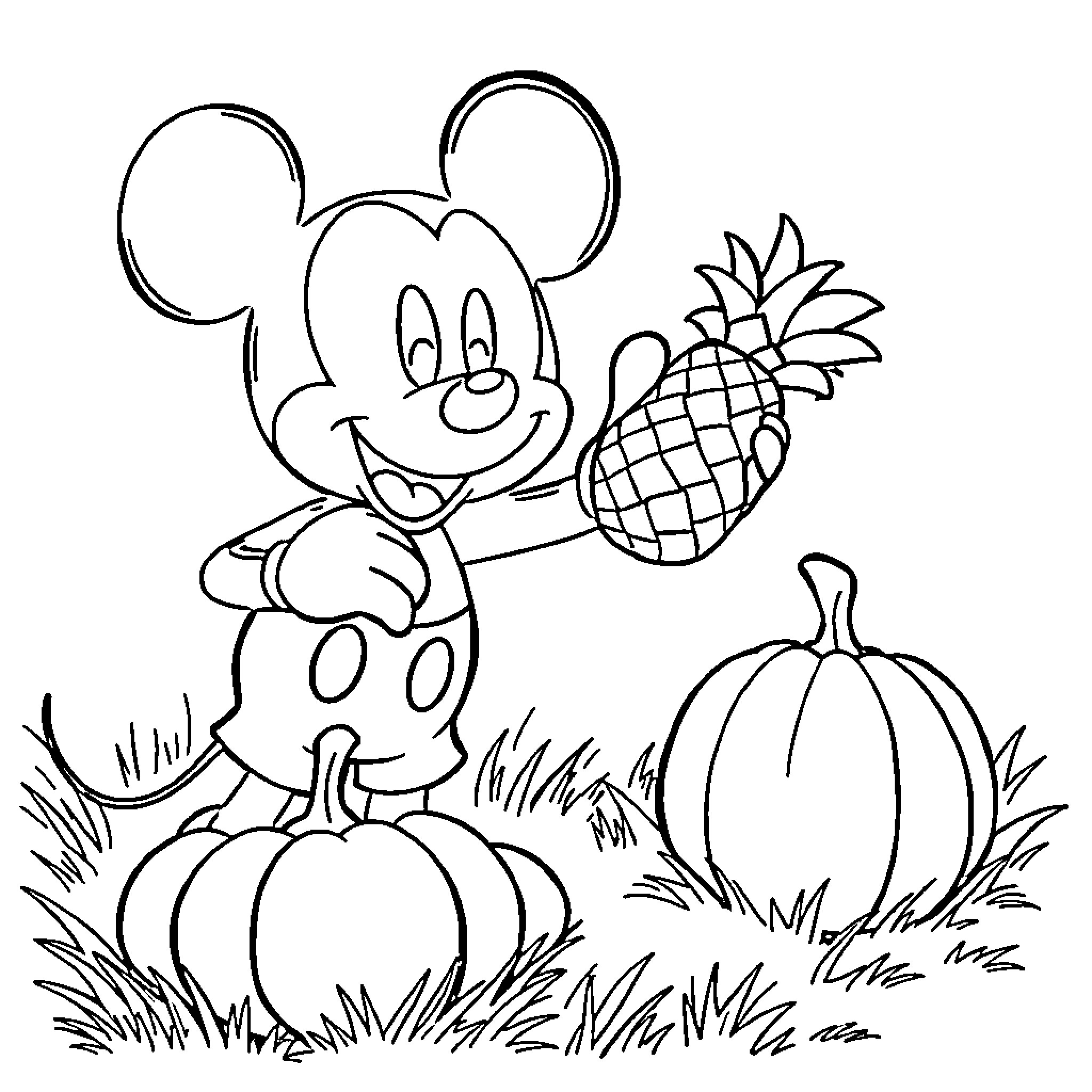 Mickey Mouse enjoying a day in the pumpkin patch Coloring Page (free black-and-white line drawing printable PDF for all, from beginners to advanced learners, including children, teens, adults, and seniors)