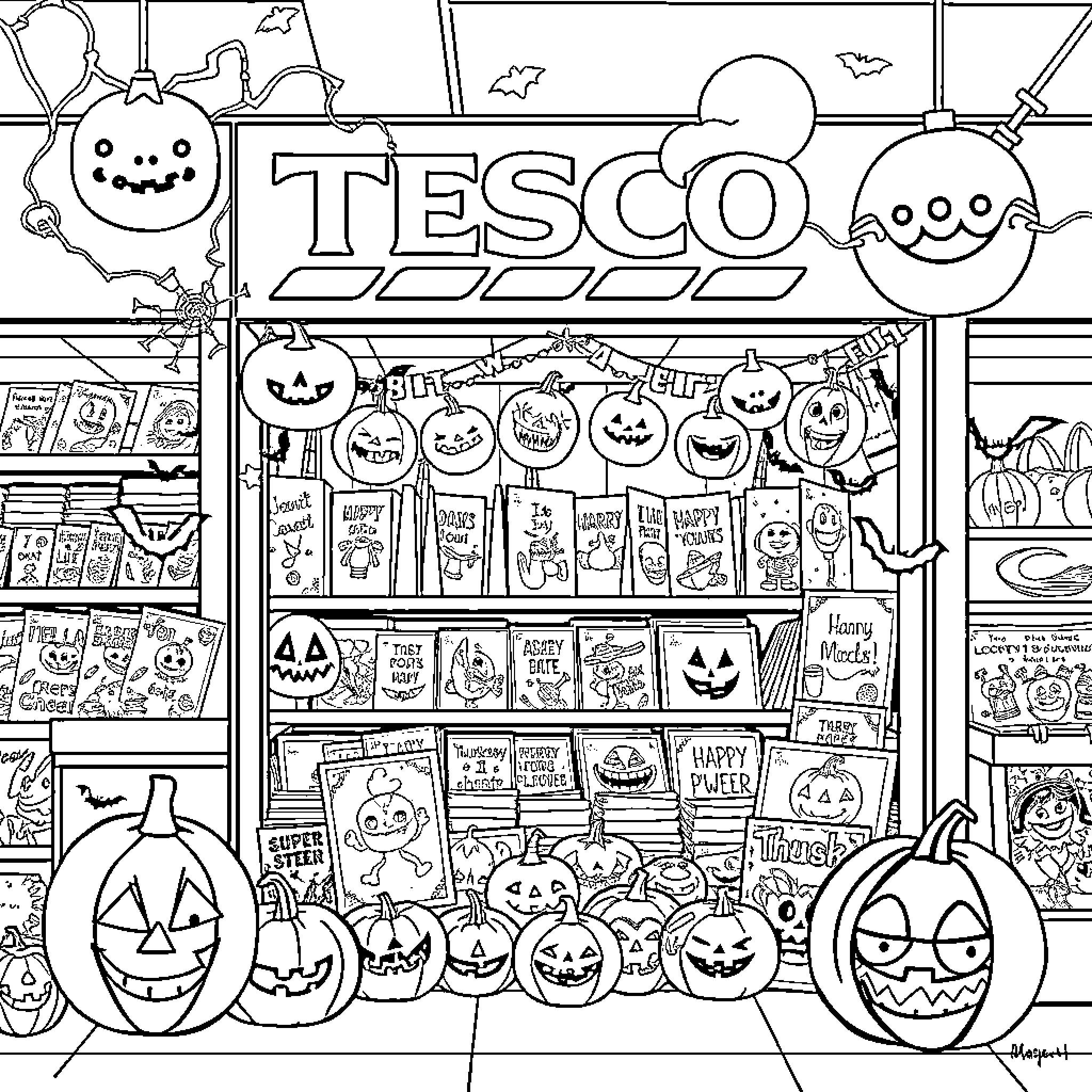 Tesco store decorated with Halloween-themed items and decorations Coloring Page (free black-and-white line drawing printable PDF for all, from beginners to advanced learners, including children, teens, adults, and seniors)