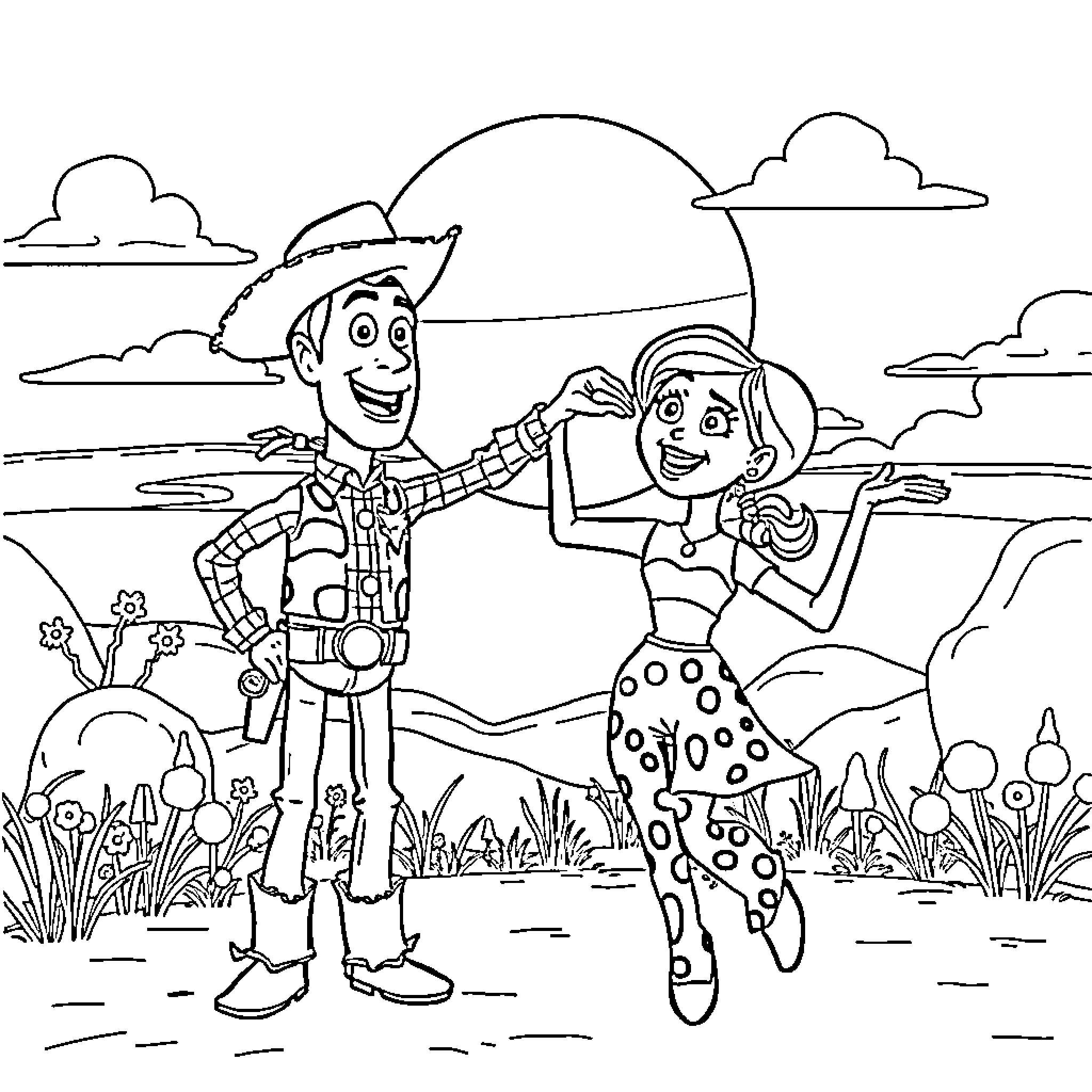 Woody and Jessie's Playful Adventure Coloring Page (free black-and-white line drawing printable PDF for all, from beginners to advanced learners, including children, teens, adults, and seniors)