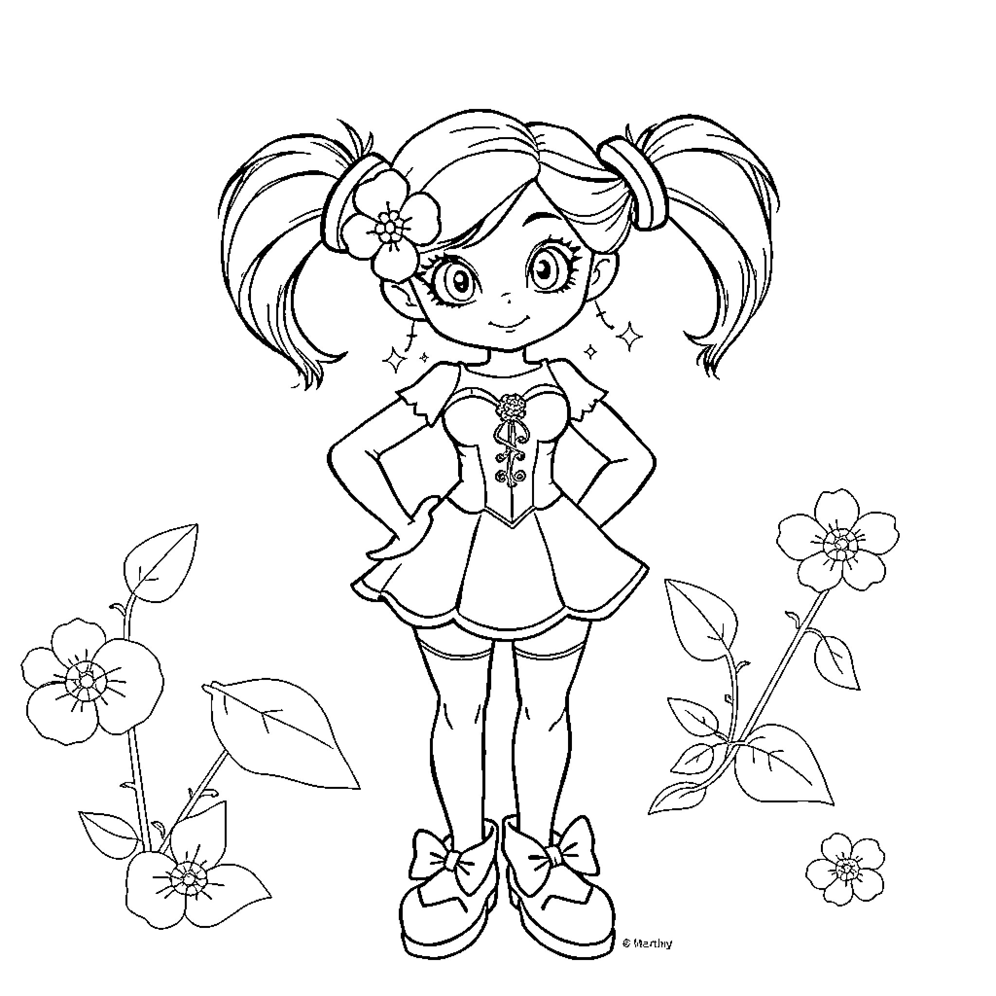 Poison Ivy standing confidently among blooming flowers Coloring Page (free black-and-white line drawing printable PDF for all, from beginners to advanced learners, including children, teens, adults, and seniors)