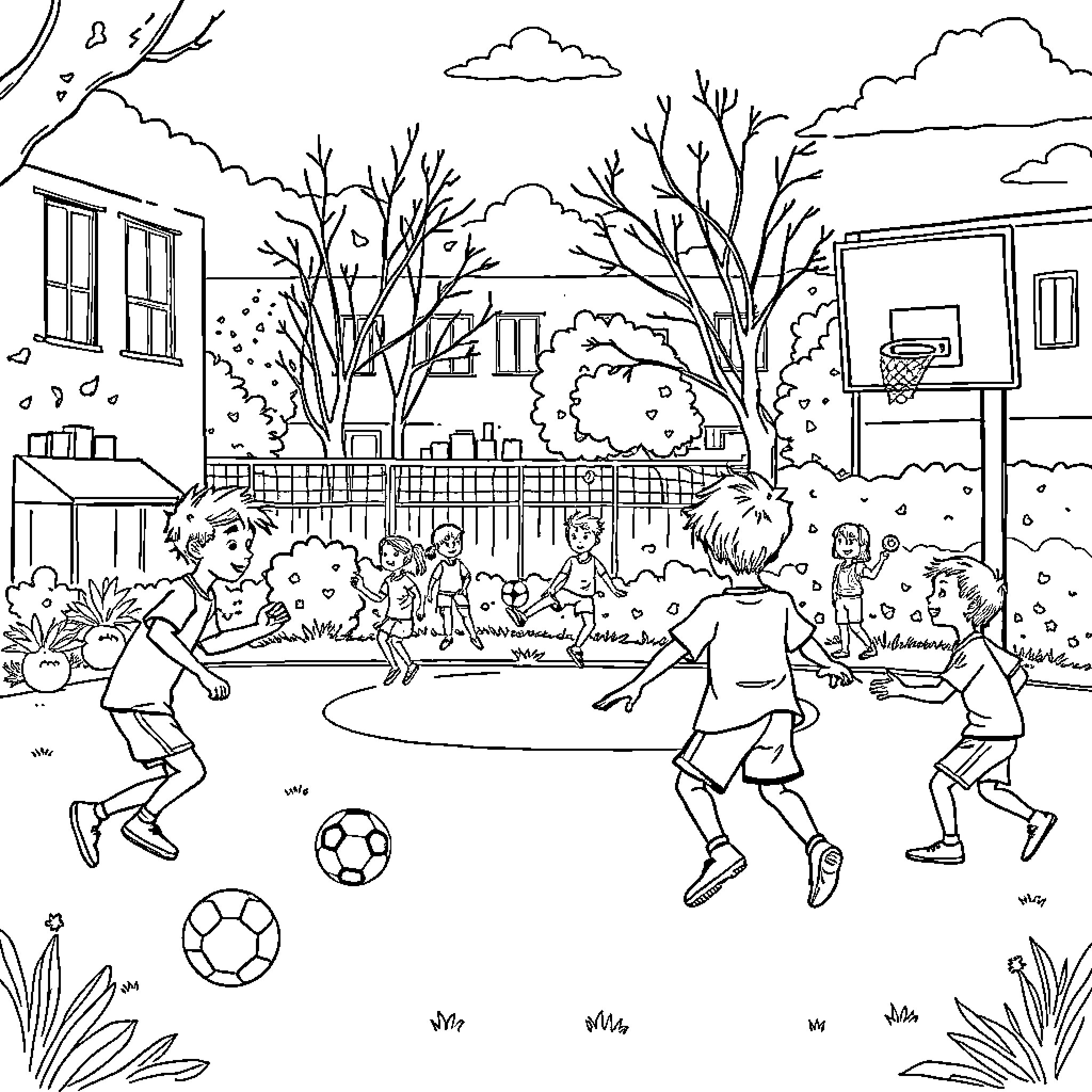 Kid playing joyful outdoor sports with friends Coloring Page (free black-and-white line drawing printable PDF for all, from beginners to advanced learners, including children, teens, adults, and seniors)