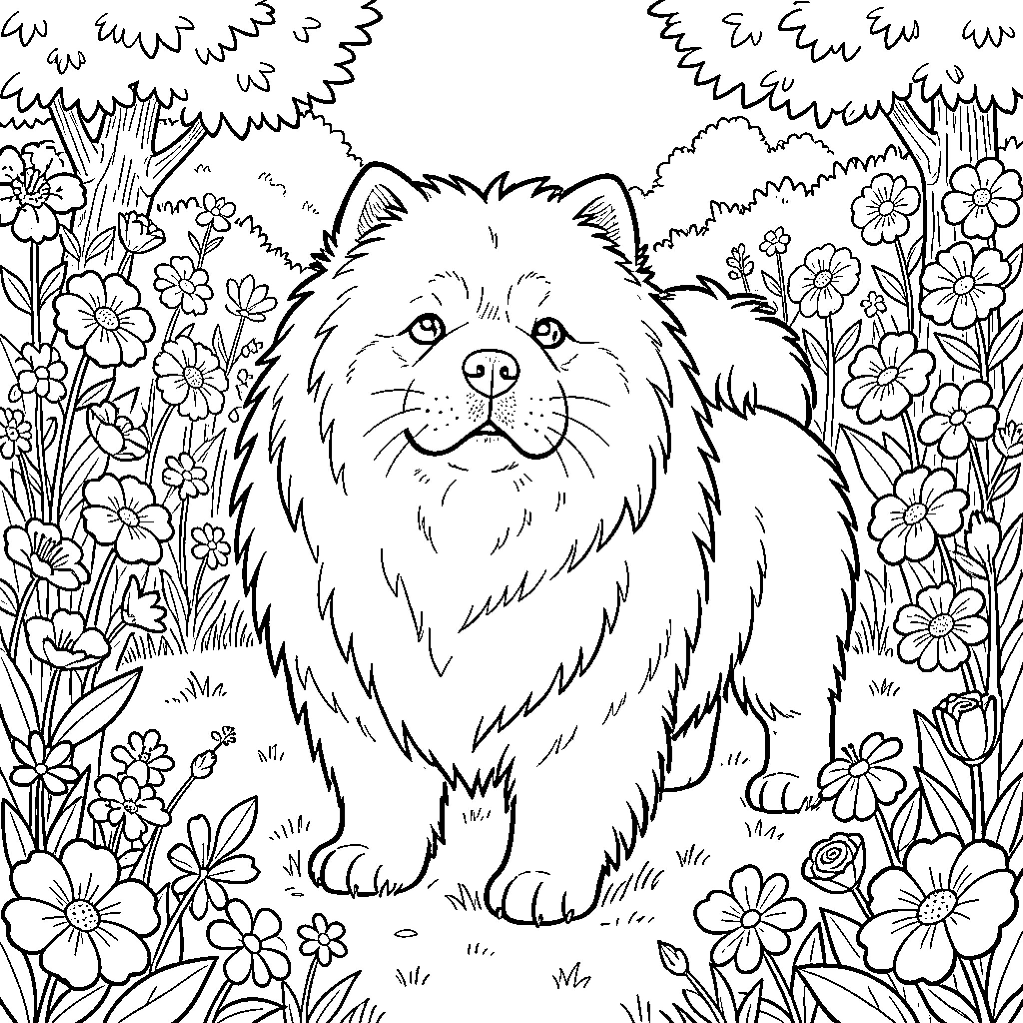 Chow Chow playing amidst vibrant flowers Coloring Page (free black-and-white line drawing printable PDF for all, from beginners to advanced learners, including children, teens, adults, and seniors)