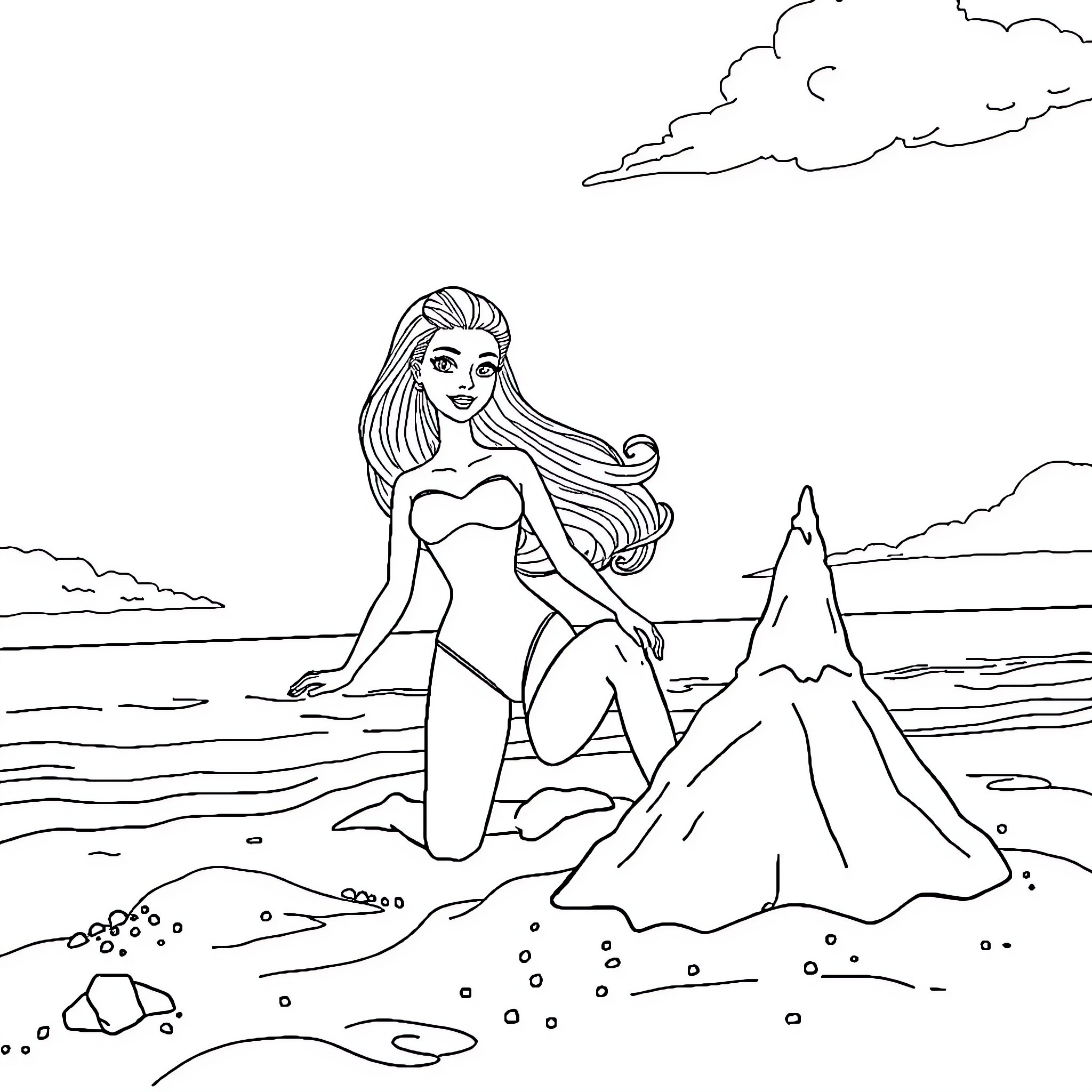 Barbie relaxing on the beach Coloring Page (free black-and-white line drawing printable PDF for all, from beginners to advanced learners, including children, teens, adults, and seniors)