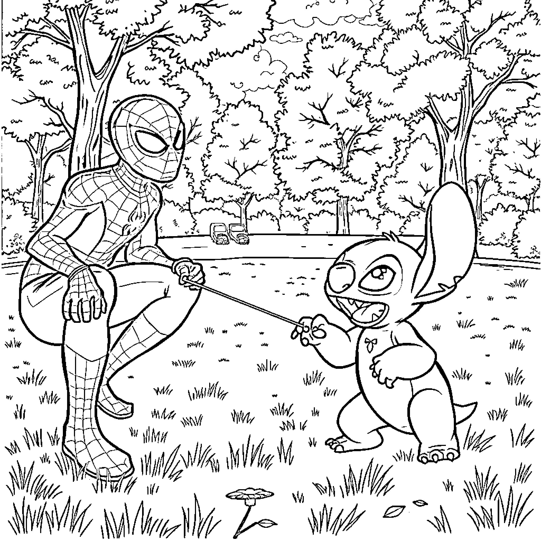 Spiderman encounters a curious creature in the forest Coloring Page (free black-and-white line drawing printable PDF for all, from beginners to advanced learners, including children, teens, adults, and seniors)
