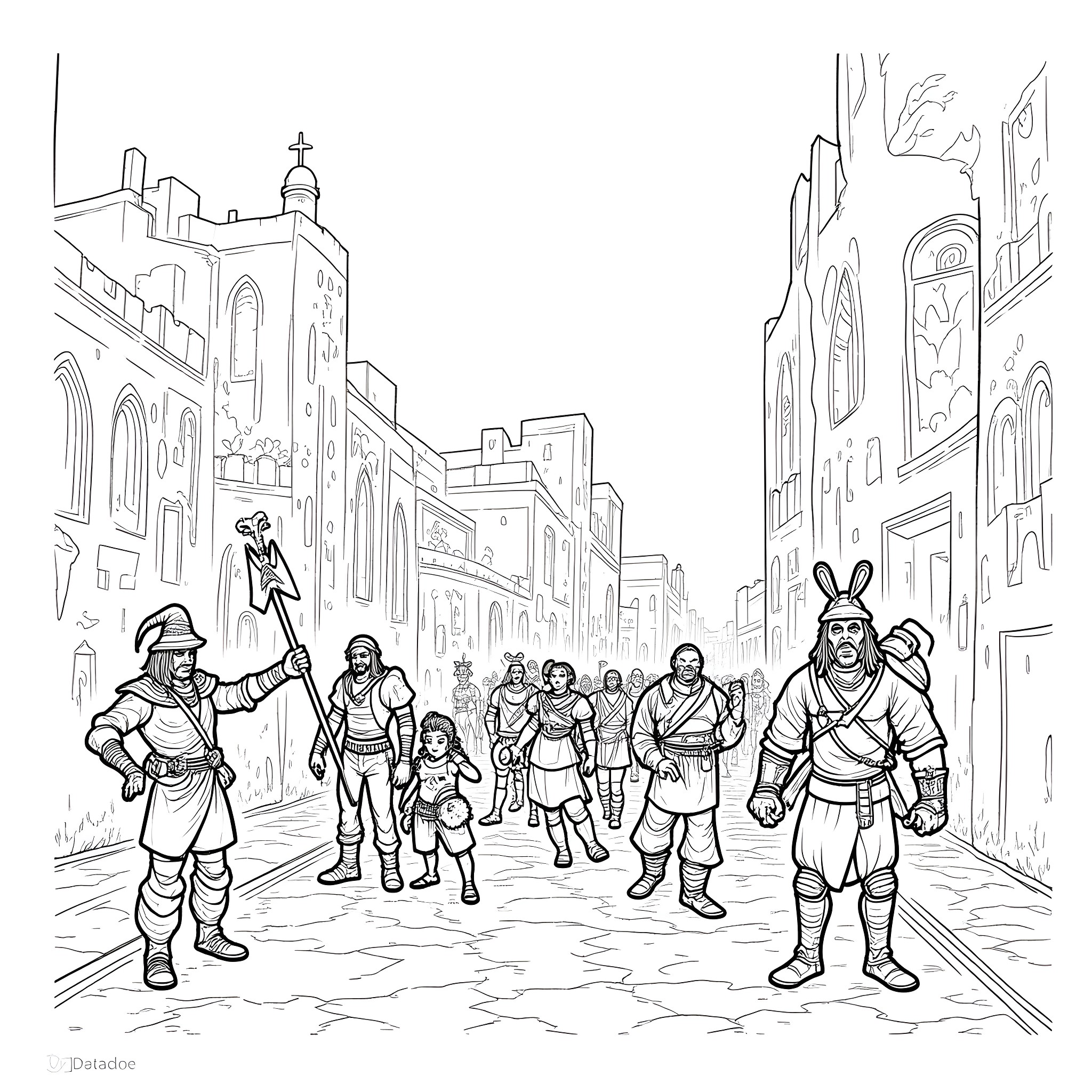 Pride in the Marketplace: Diverse Figures Celebrating Coloring Page (free black-and-white line drawing printable PDF for all, from beginners to advanced learners, including children, teens, adults, and seniors)