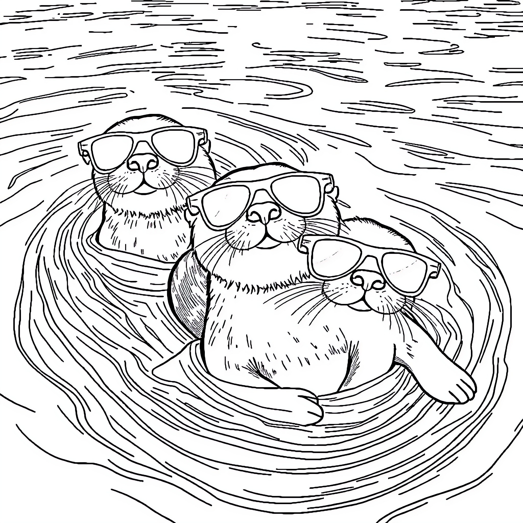 Otter friends relaxing in the water Coloring Page (free black-and-white line drawing printable PDF for all, from beginners to advanced learners, including children, teens, adults, and seniors)