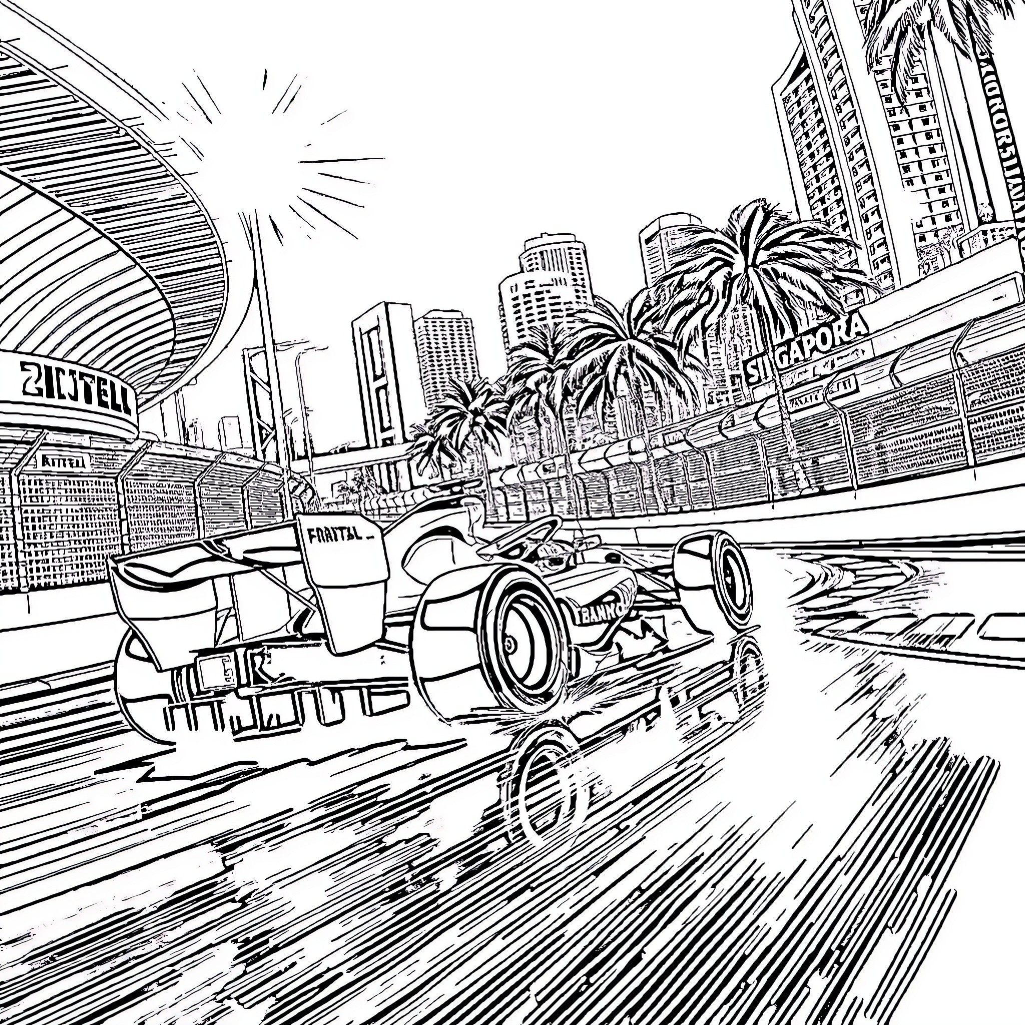 Formula 1 Race in Futuristic City Landscape Coloring Page (free black-and-white line drawing printable PDF for all, from beginners to advanced learners, including children, teens, adults, and seniors)