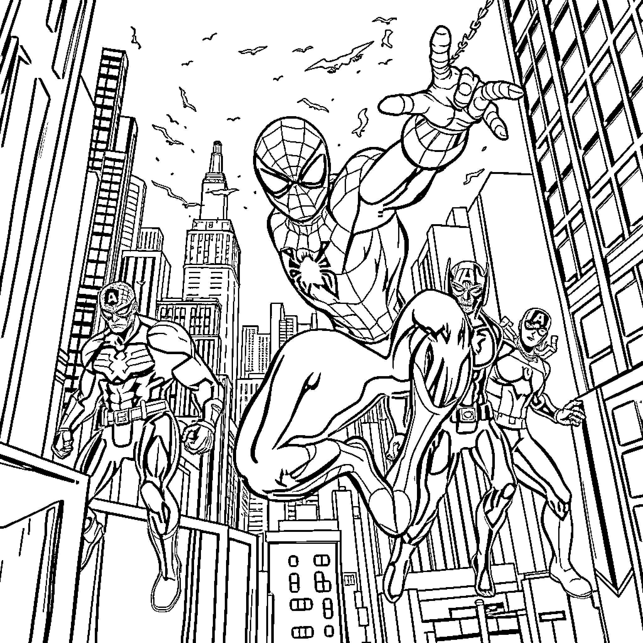 Spiderman Swinging through the City with Superheroes Coloring Page (free black-and-white line drawing printable PDF for all, from beginners to advanced learners, including children, teens, adults, and seniors)