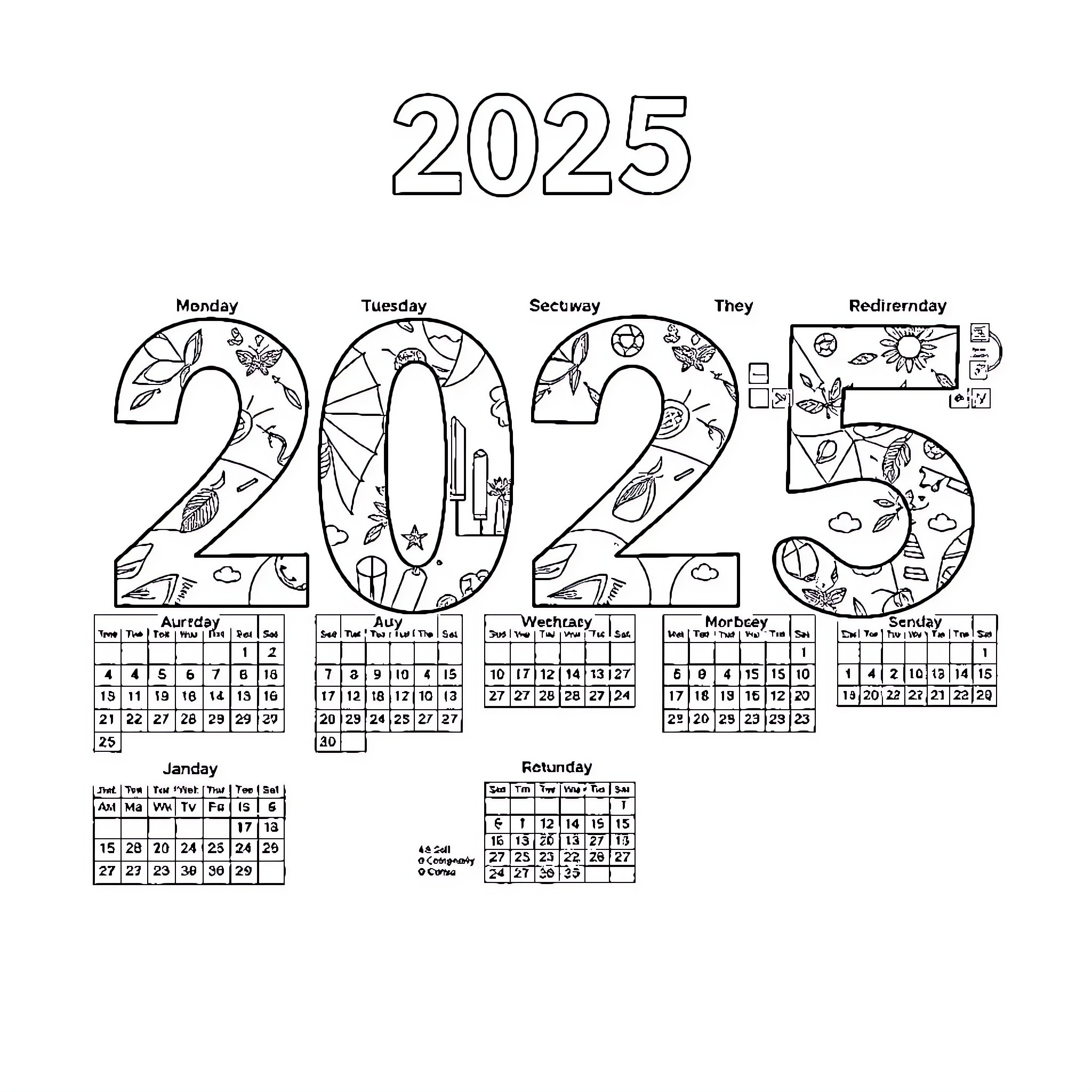 Calendar with Playful 2025 Doodles Coloring Page (free black-and-white line drawing printable PDF for all, from beginners to advanced learners, including children, teens, adults, and seniors)