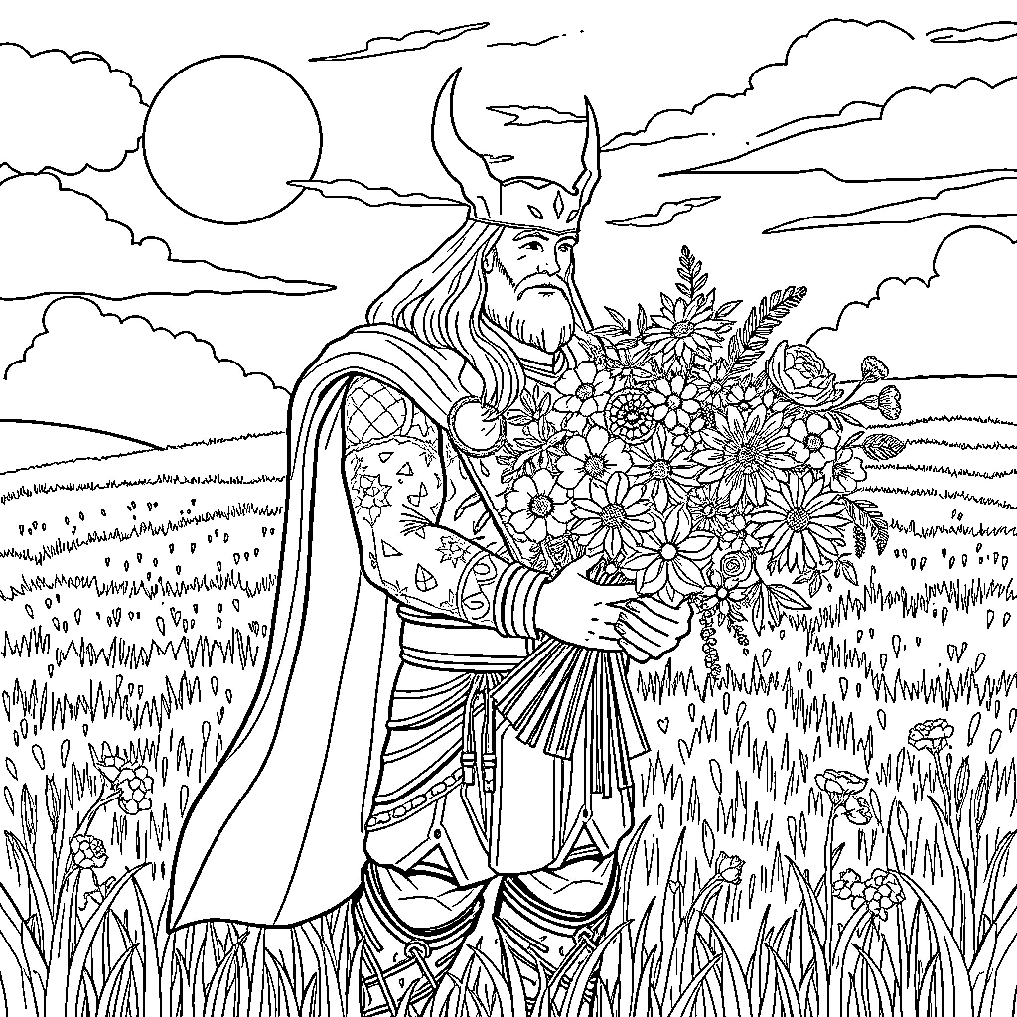 Thor Holding a Bouquet of Flowers in a Lush Meadow Coloring Page (free black-and-white line drawing printable PDF for all, from beginners to advanced learners, including children, teens, adults, and seniors)