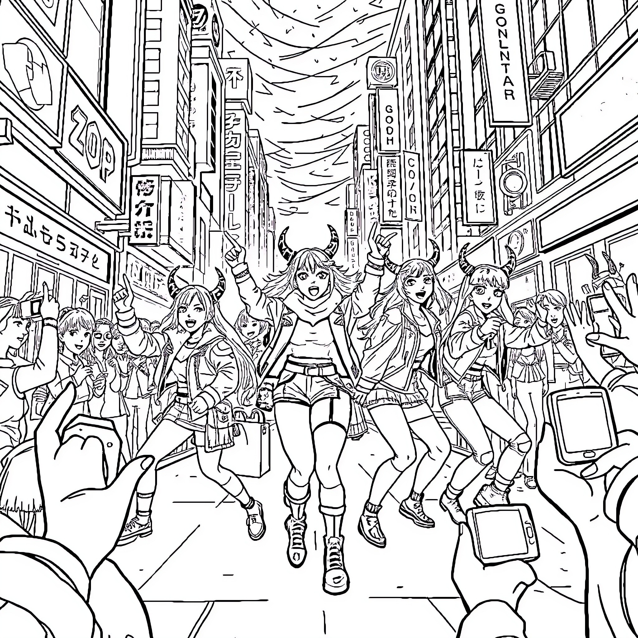 Zoey and Her Energetic Anime Friends in the City Coloring Page (free black-and-white line drawing printable PDF for all, from beginners to advanced learners, including children, teens, adults, and seniors)