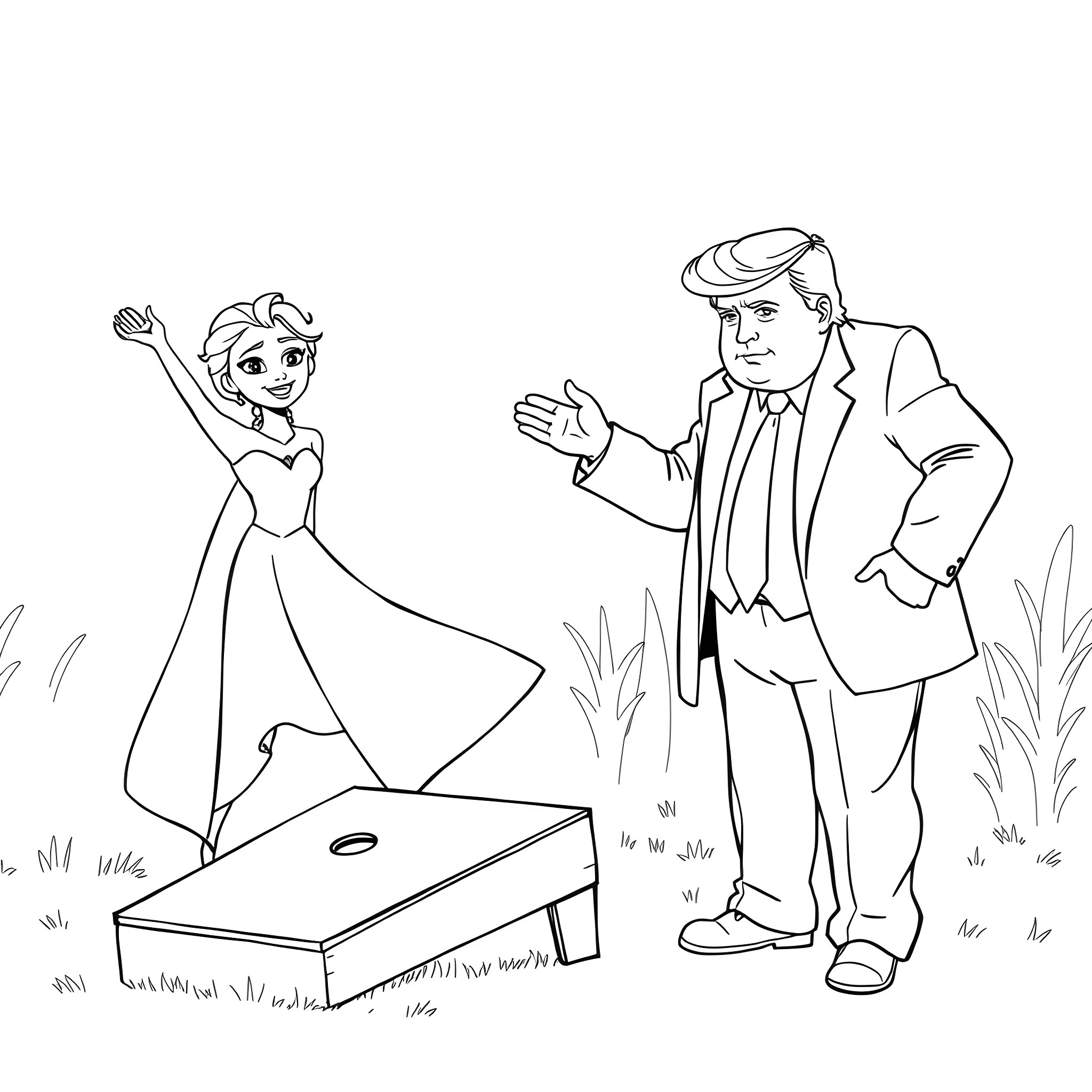 Elsa enjoying a game with a suited gentleman Coloring Page (free black-and-white line drawing printable PDF for all, from beginners to advanced learners, including children, teens, adults, and seniors)