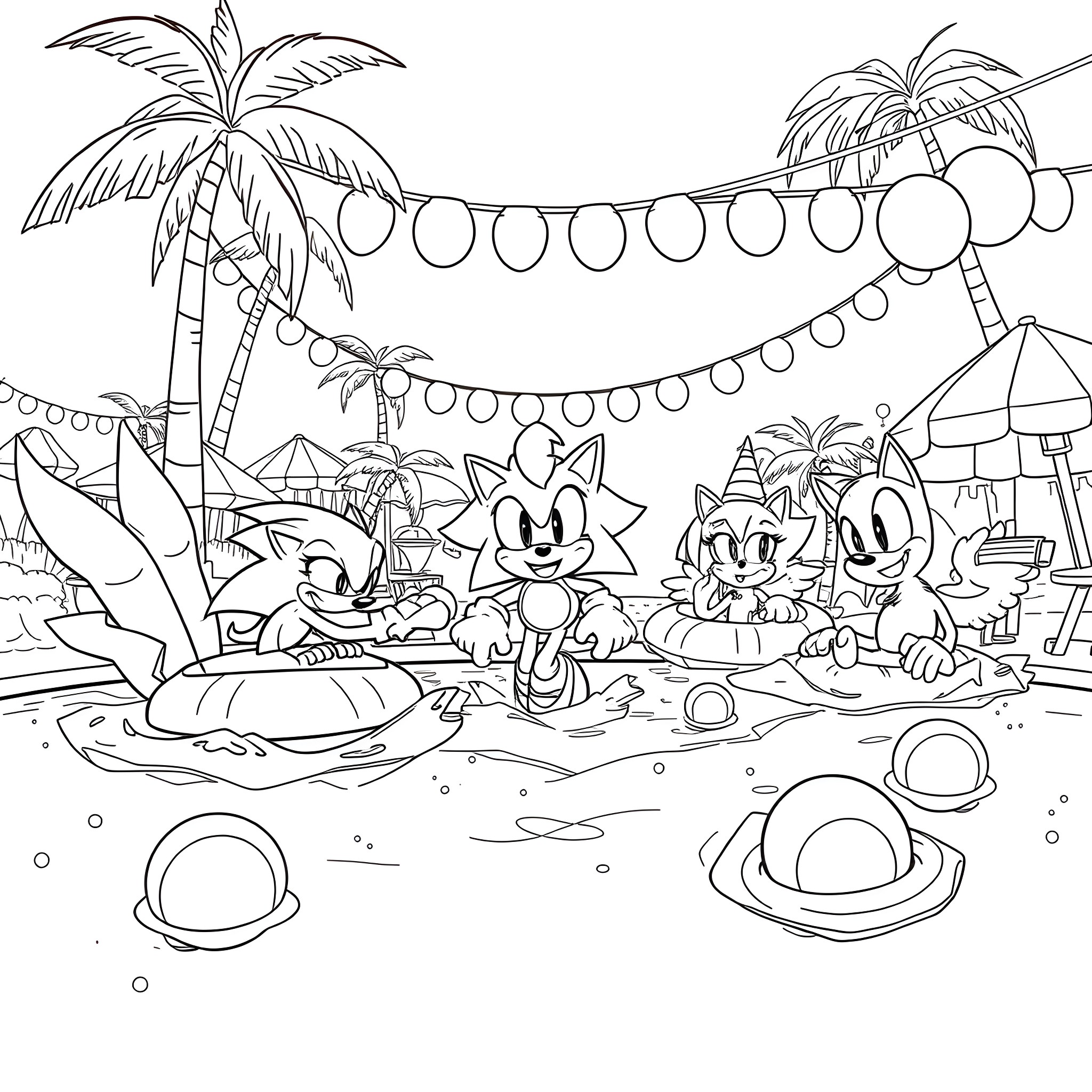 Sonic and friends enjoying a sunny day at the beach Coloring Page (free black-and-white line drawing printable PDF for all, from beginners to advanced learners, including children, teens, adults, and seniors)