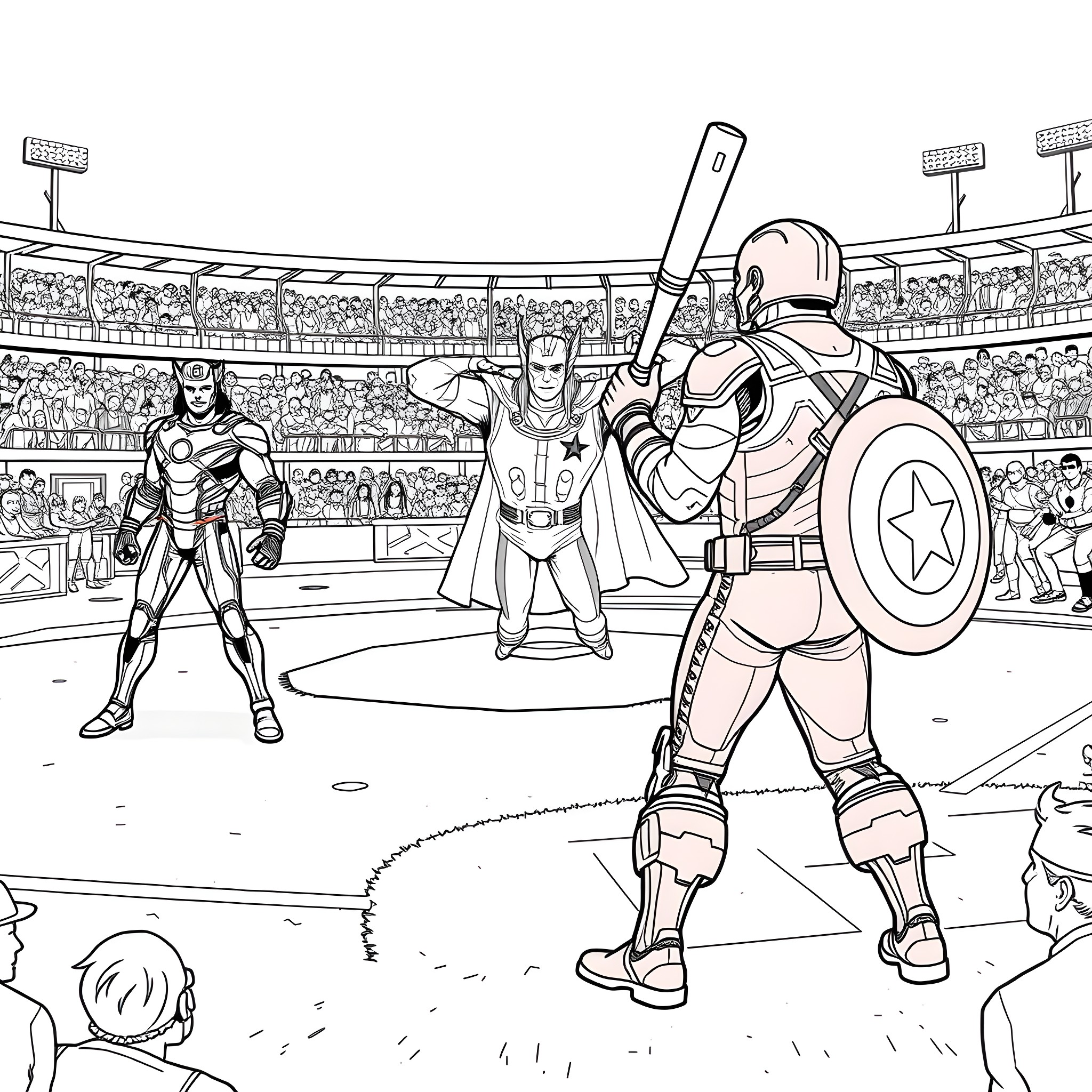 Avenger Heroes Showcasing Strength and Heroism in the Arena Coloring Page (free black-and-white line drawing printable PDF for all, from beginners to advanced learners, including children, teens, adults, and seniors)