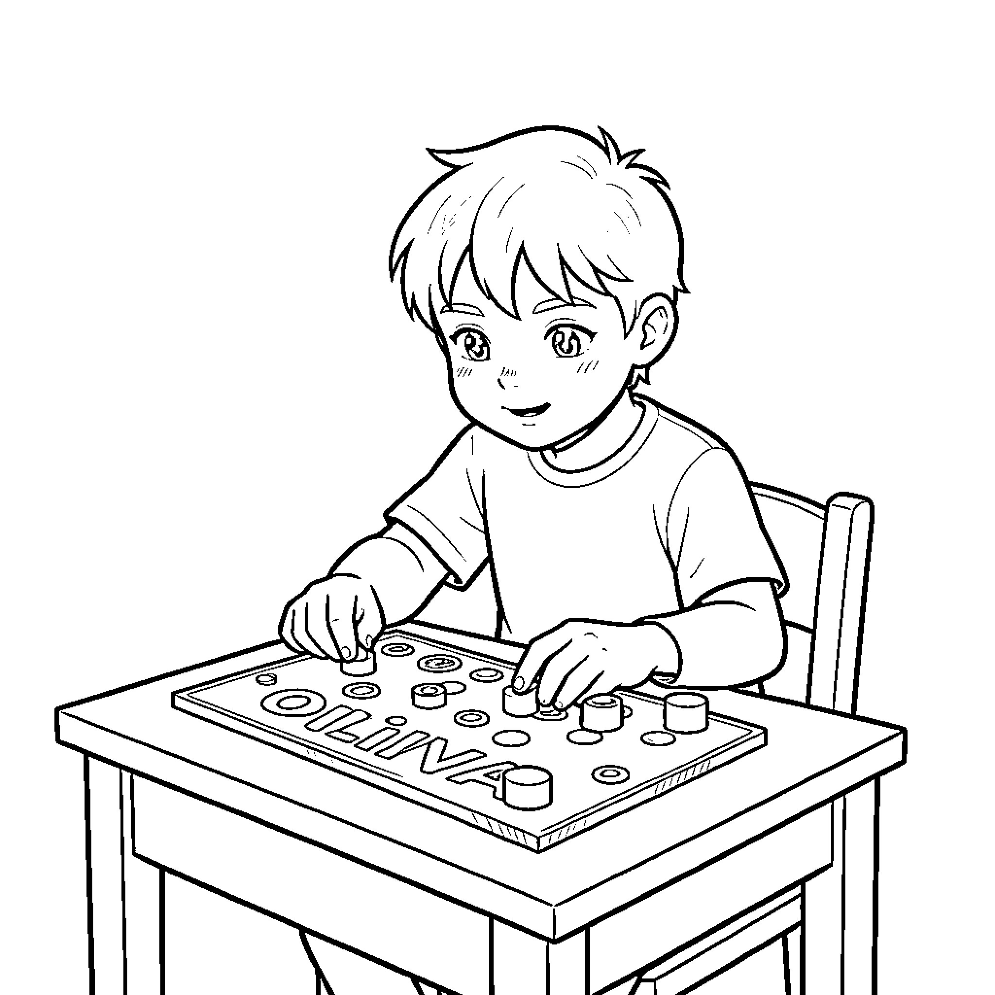 Jongen speelt enthousiast met bordspel Coloring Page (free black-and-white line drawing printable PDF for all, from beginners to advanced learners, including children, teens, adults, and seniors)