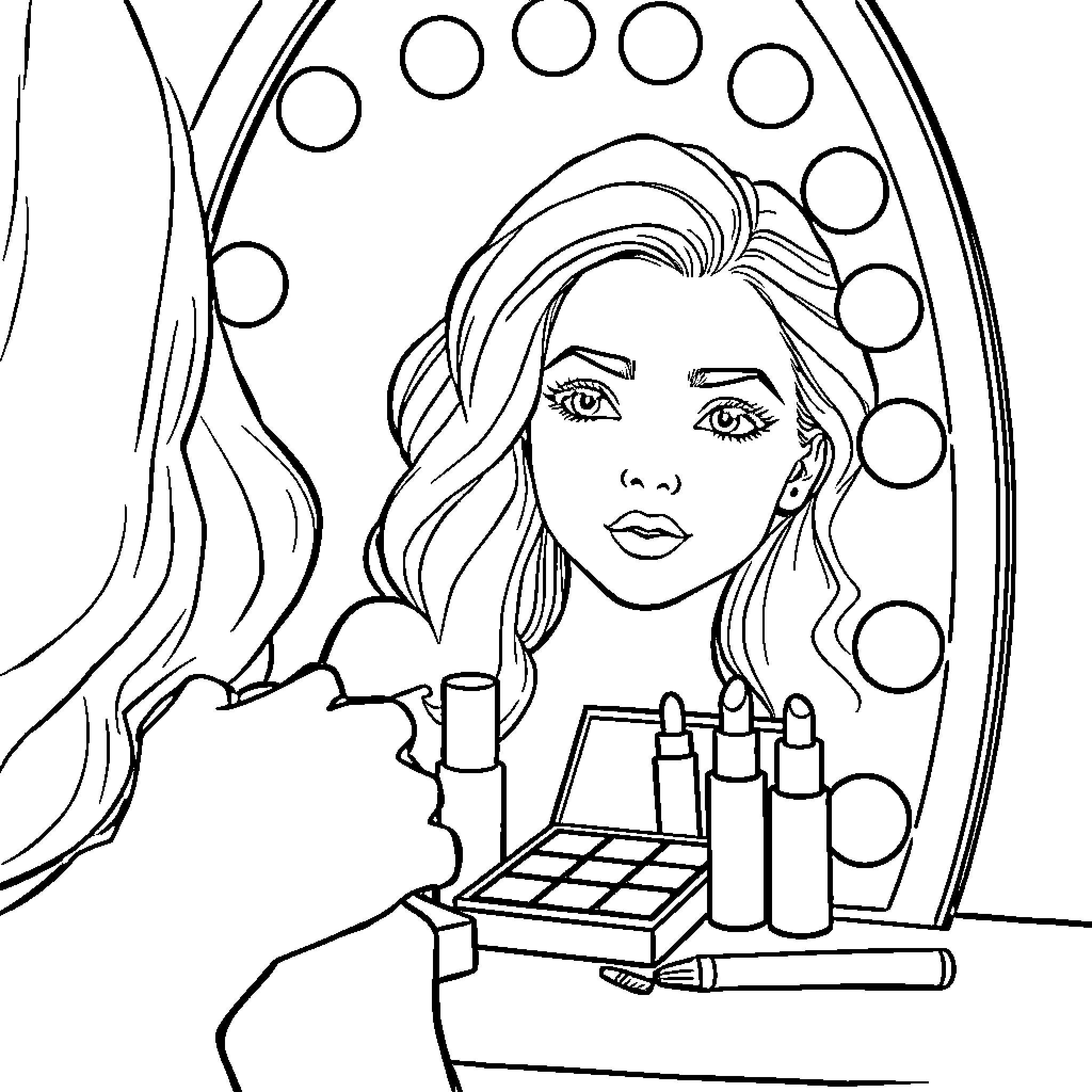 Makeup routine with cosmetic products Coloring Page (free black-and-white line drawing printable PDF for all, from beginners to advanced learners, including children, teens, adults, and seniors)