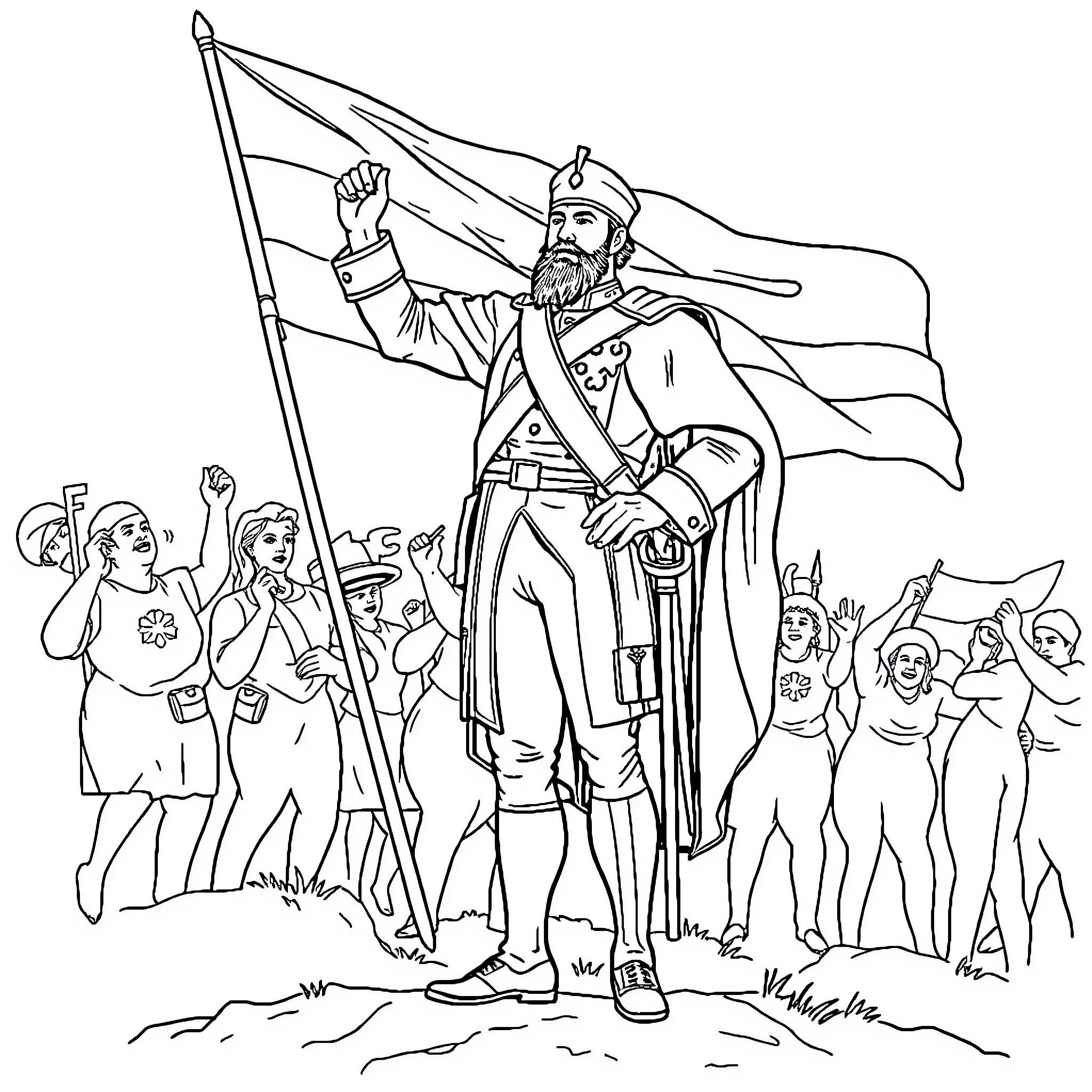 Jose de San Martin leading a revolutionary movement Coloring Page (free black-and-white line drawing printable PDF for all, from beginners to advanced learners, including children, teens, adults, and seniors)