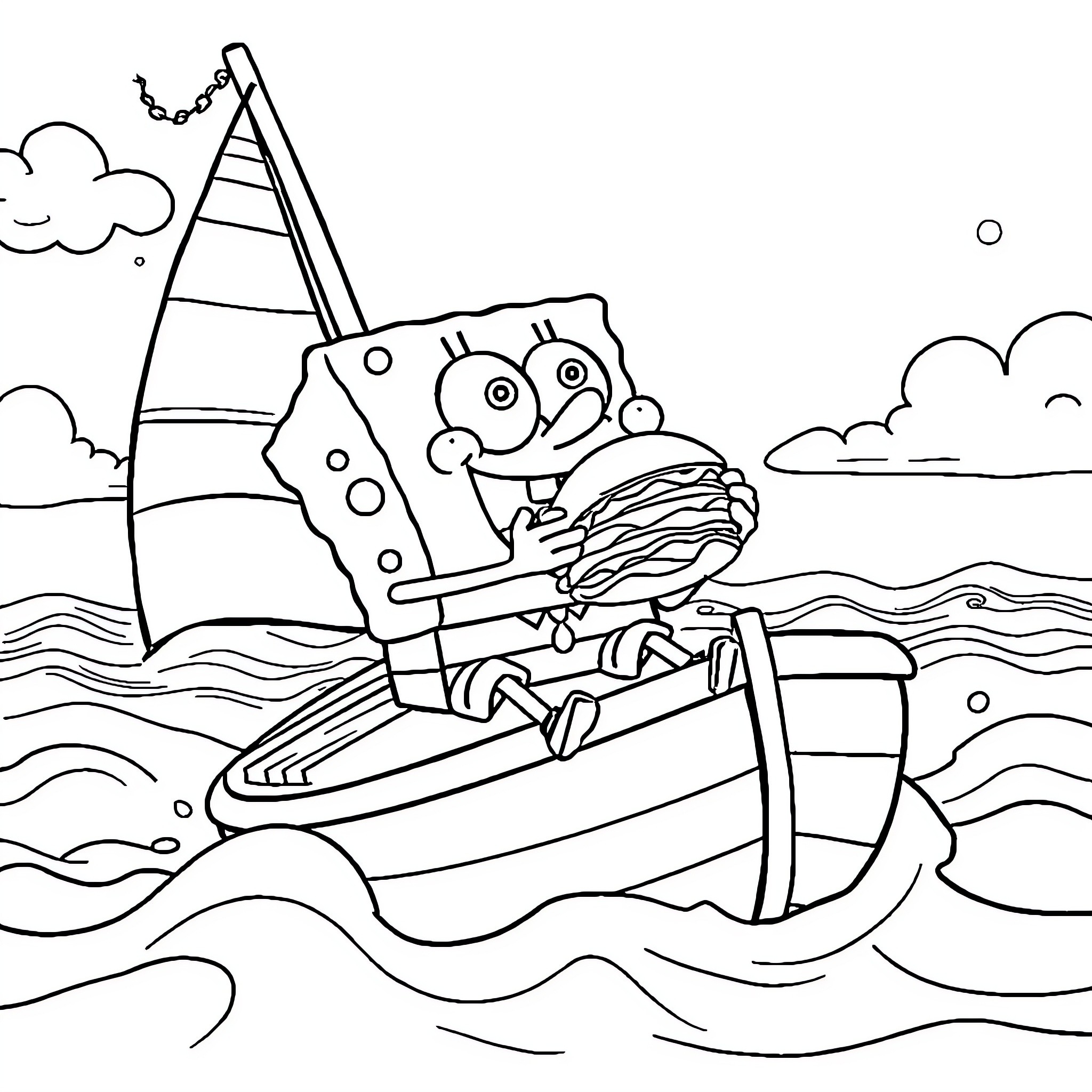 Spongebob sailing a boat on the ocean Coloring Page (free black-and-white line drawing printable PDF for all, from beginners to advanced learners, including children, teens, adults, and seniors)