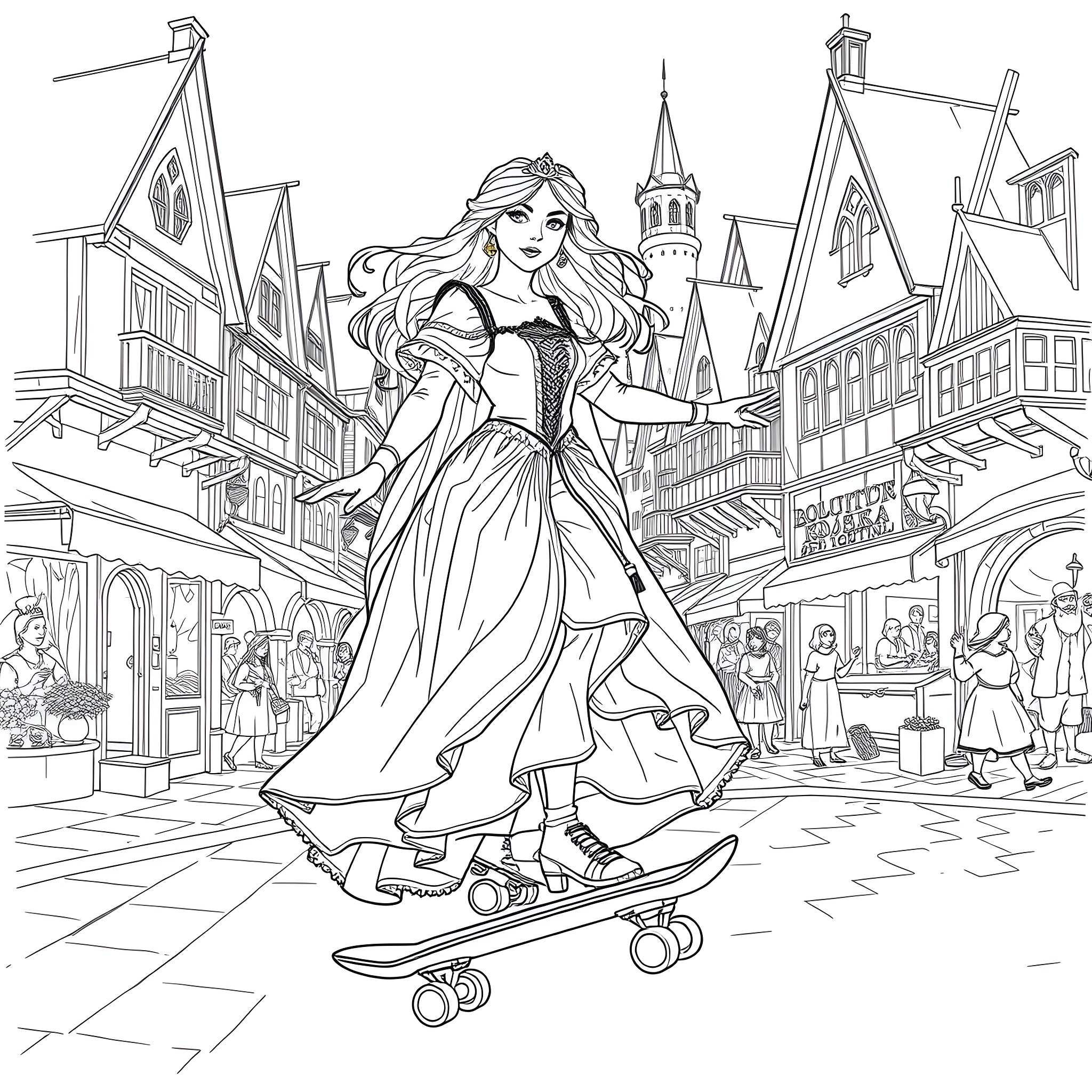 Princess Riding a Skateboard through a Fairytale Town Coloring Page (free black-and-white line drawing printable PDF for all, from beginners to advanced learners, including children, teens, adults, and seniors)