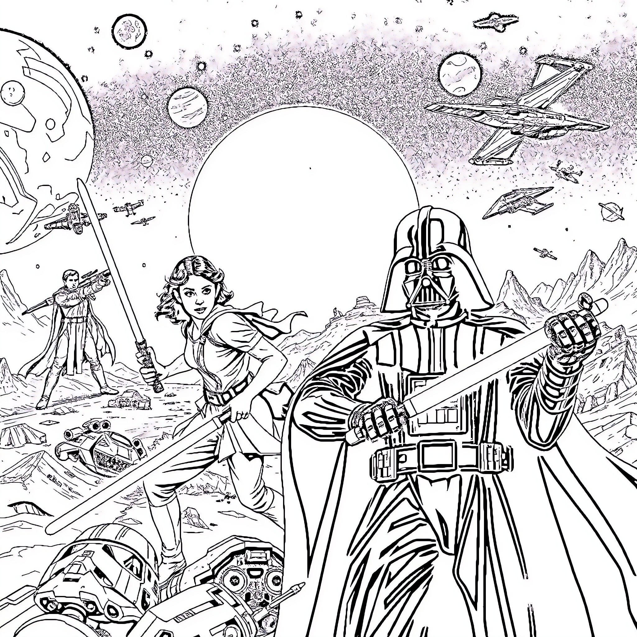 Star Wars: Iconic Heroes and Villains in Epic Cosmic Battle Coloring Page (free black-and-white line drawing printable PDF for all, from beginners to advanced learners, including children, teens, adults, and seniors)