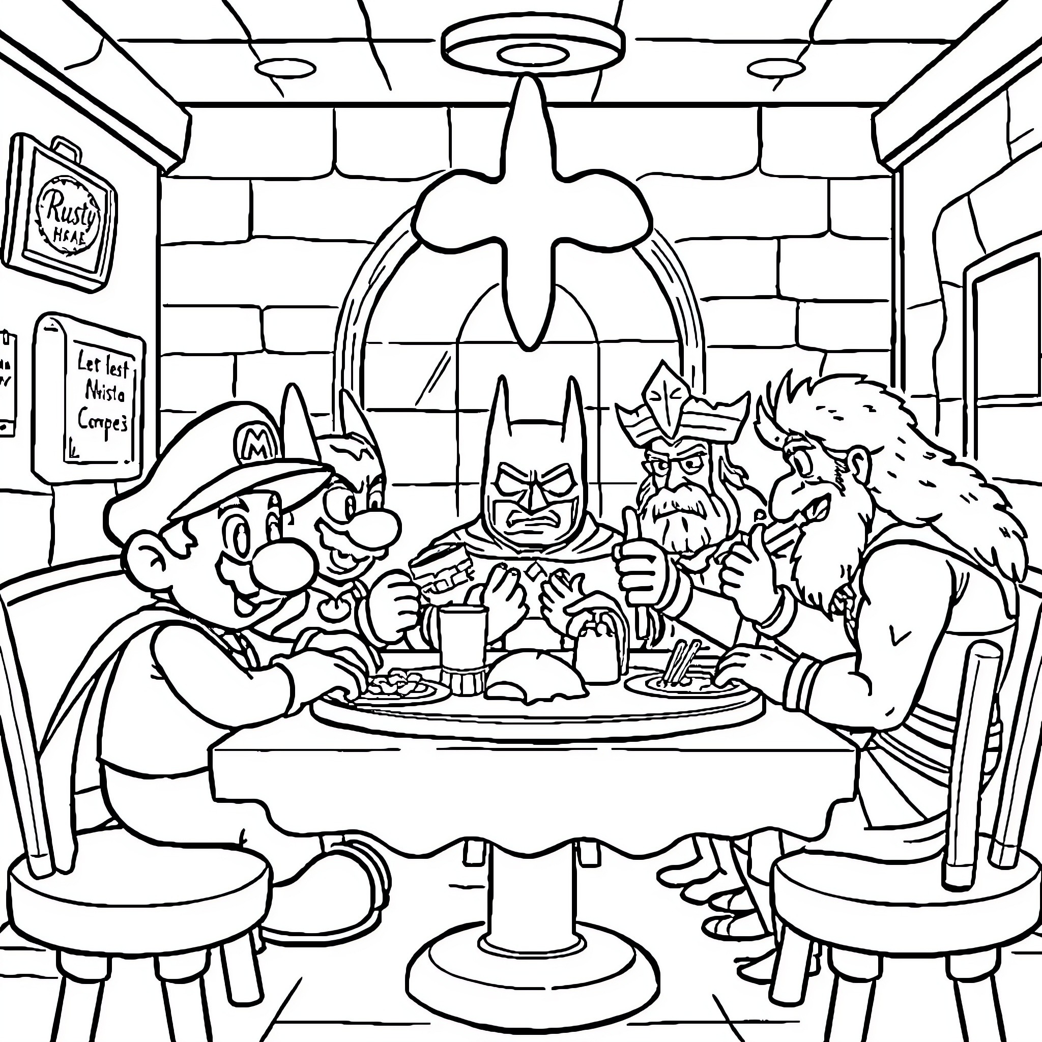 Mario's Comical Cafe Gathering with Iconic Characters Coloring Page (free black-and-white line drawing printable PDF for all, from beginners to advanced learners, including children, teens, adults, and seniors)