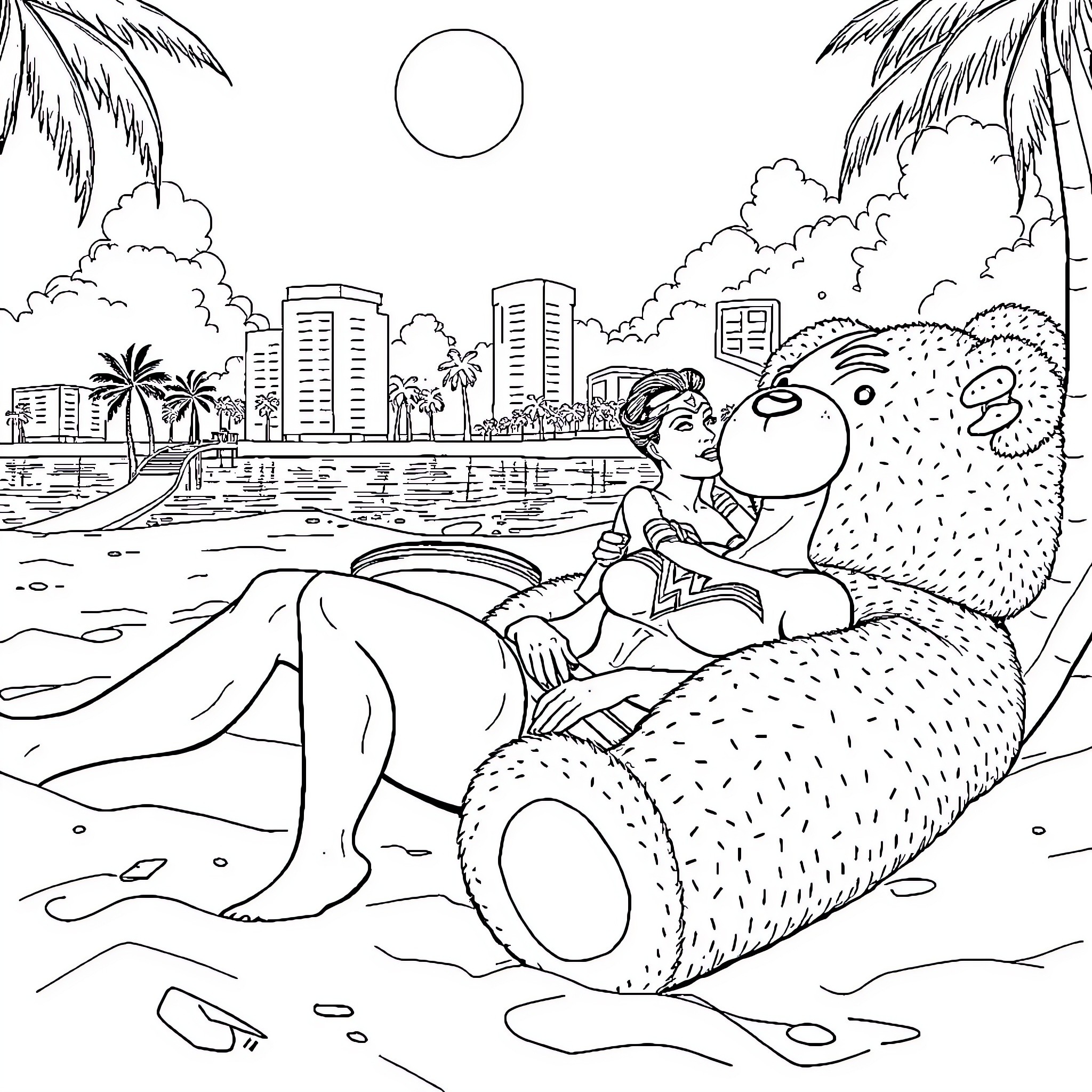 Superman relaxing on a giant stuffed animal by the beach Coloring Page (free black-and-white line drawing printable PDF for all, from beginners to advanced learners, including children, teens, adults, and seniors)
