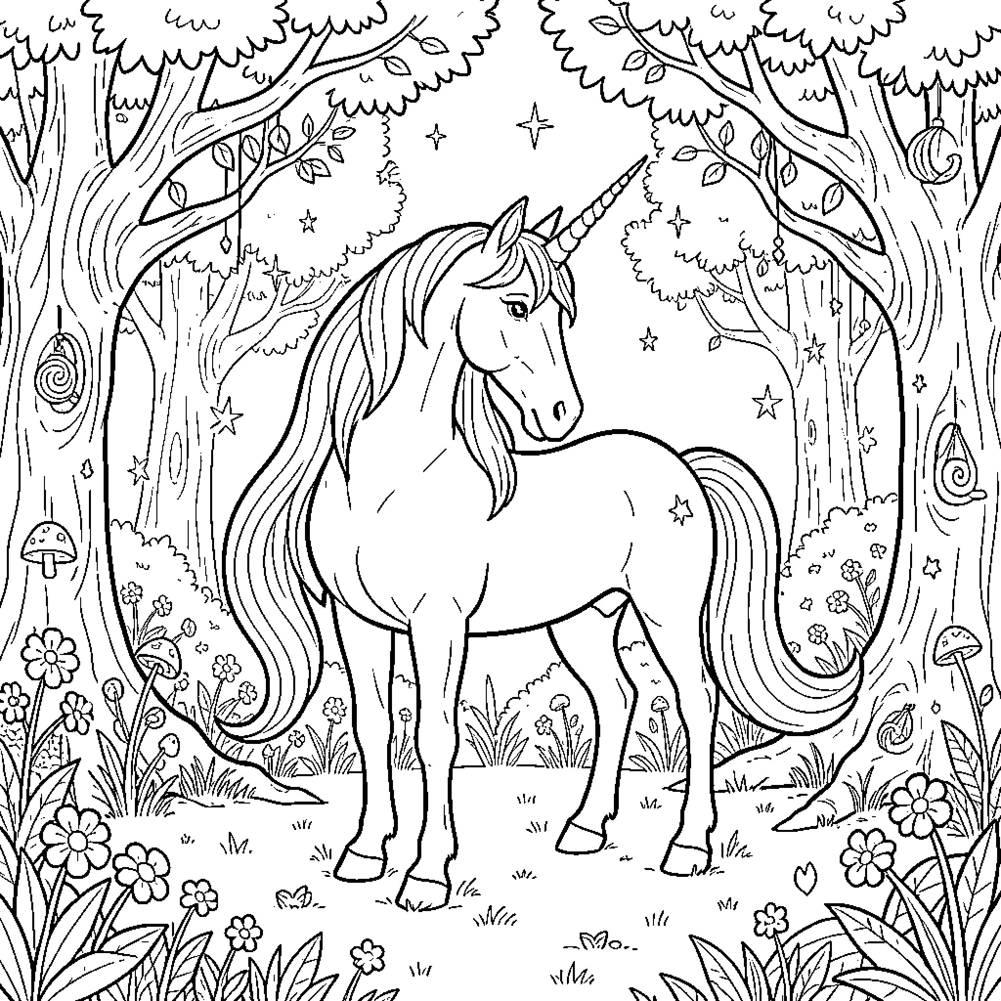 Unicorn standing peacefully in a magical forest Coloring Page (free black-and-white line drawing printable PDF for all, from beginners to advanced learners, including children, teens, adults, and seniors)