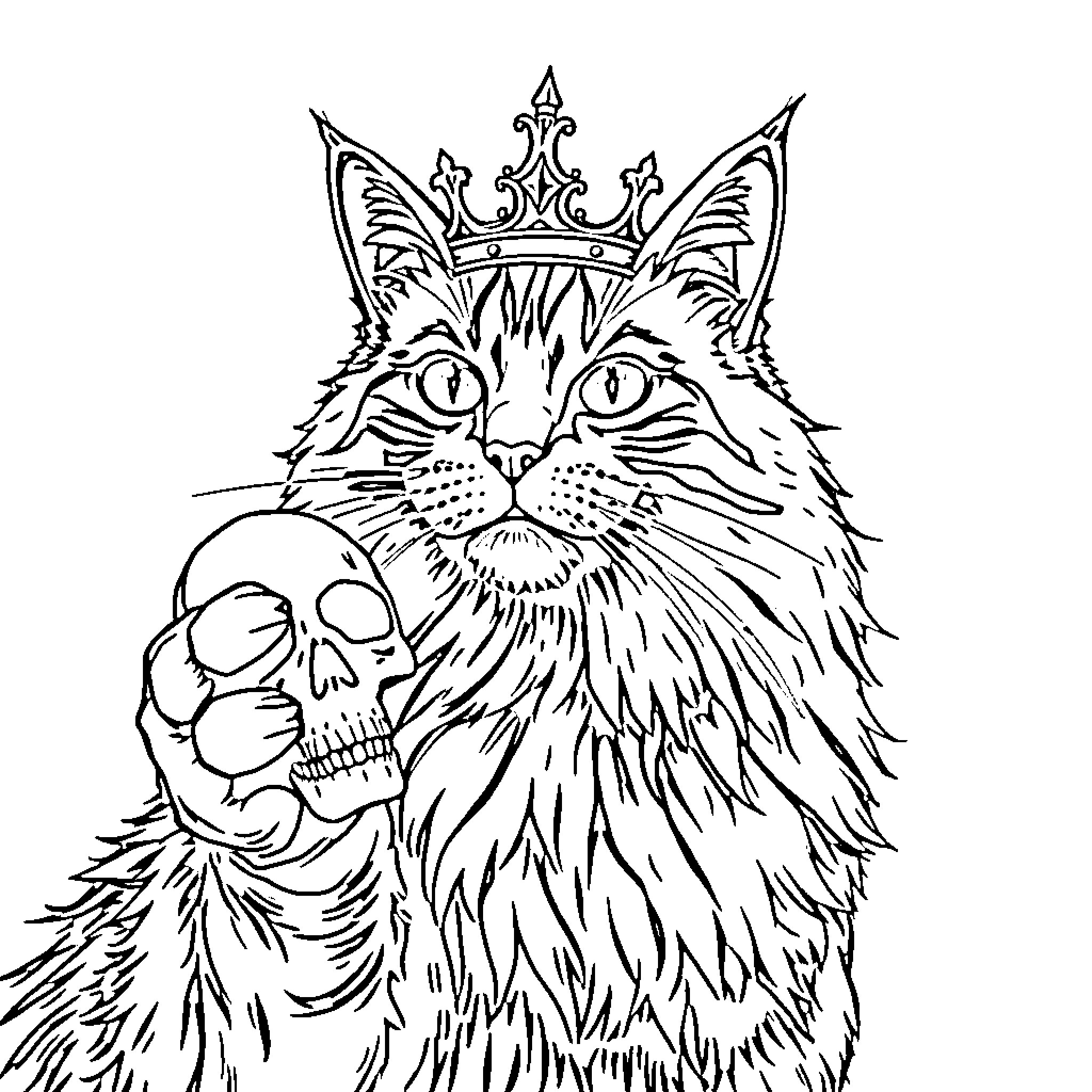 Maine Coon Cat Crowned Ruler with Skull Coloring Page (free black-and-white line drawing printable PDF for all, from beginners to advanced learners, including children, teens, adults, and seniors)