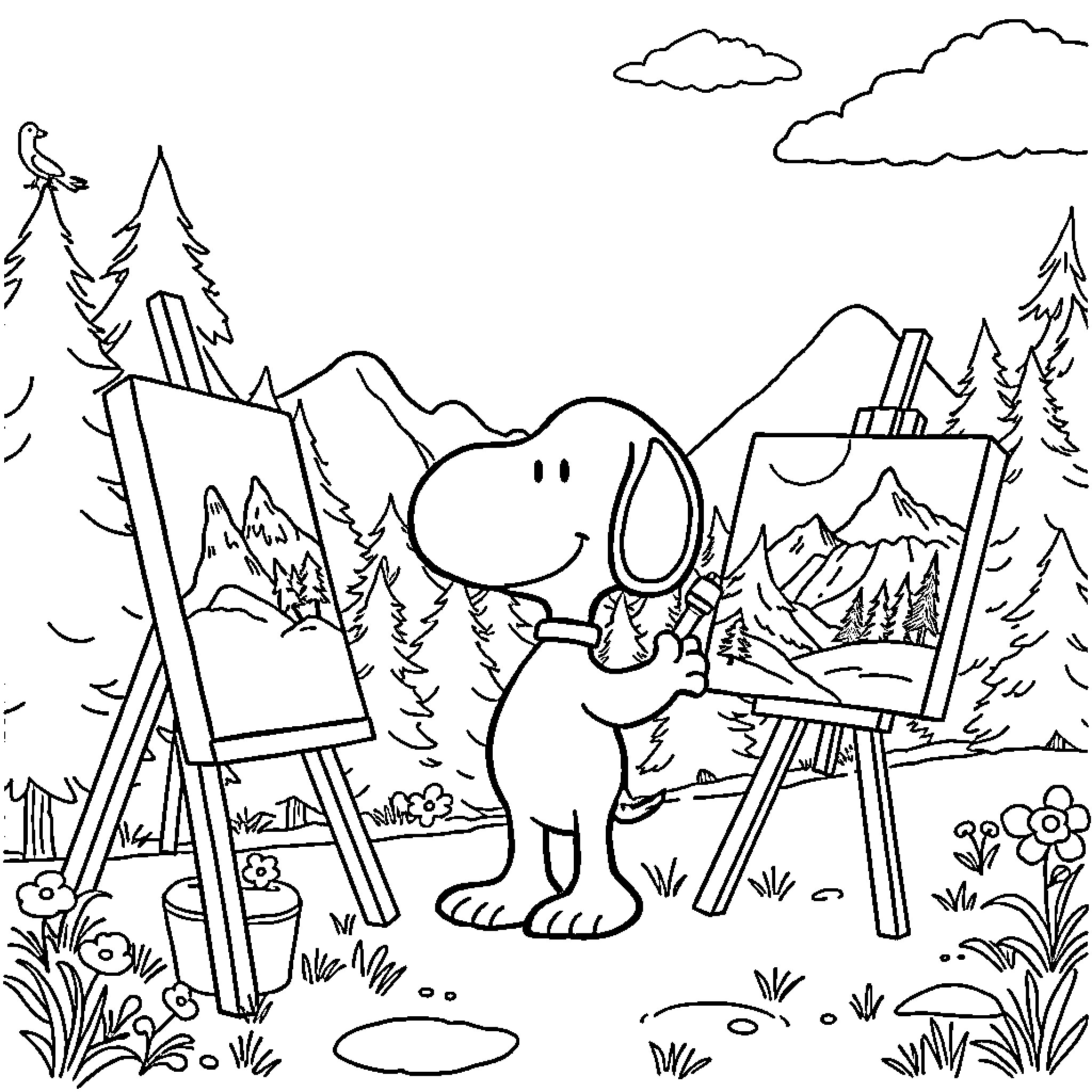 Snoopy the artist painting a mountain landscape Coloring Page (free black-and-white line drawing printable PDF for all, from beginners to advanced learners, including children, teens, adults, and seniors)