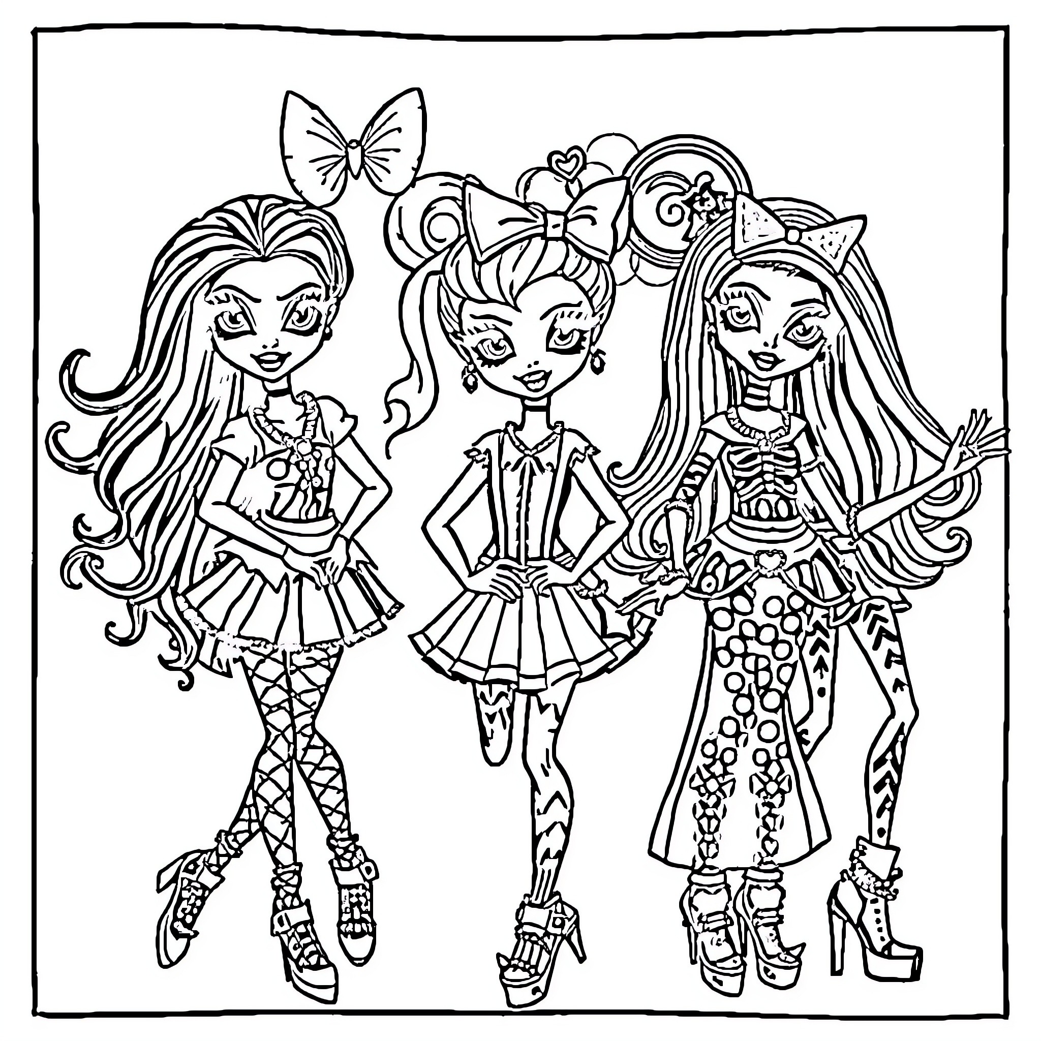 Bratz dolls in fashionable and expressive poses Coloring Page (free black-and-white line drawing printable PDF for all, from beginners to advanced learners, including children, teens, adults, and seniors)