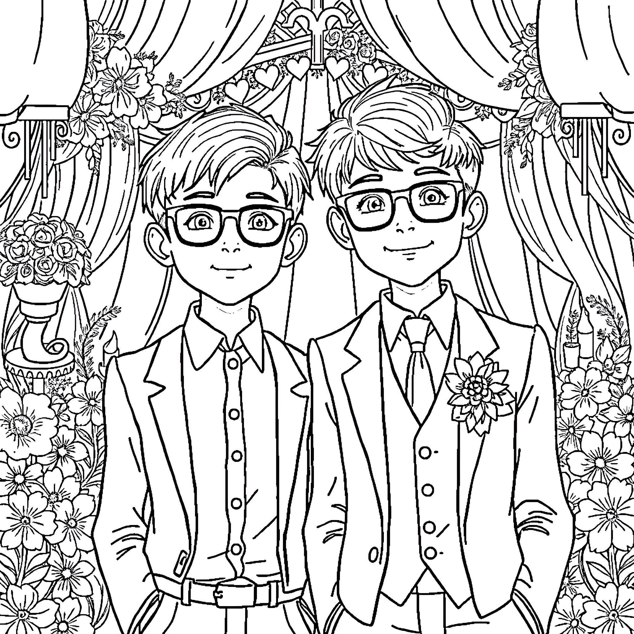 Boy Groom and Boy Groom in a Floral Wedding Scene Coloring Page (free black-and-white line drawing printable PDF for all, from beginners to advanced learners, including children, teens, adults, and seniors)