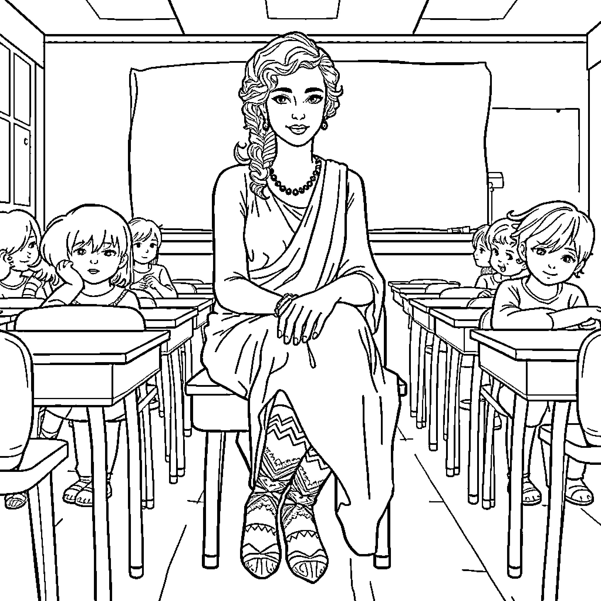 Sappho teaching in the classroom Coloring Page (free black-and-white line drawing printable PDF for all, from beginners to advanced learners, including children, teens, adults, and seniors)