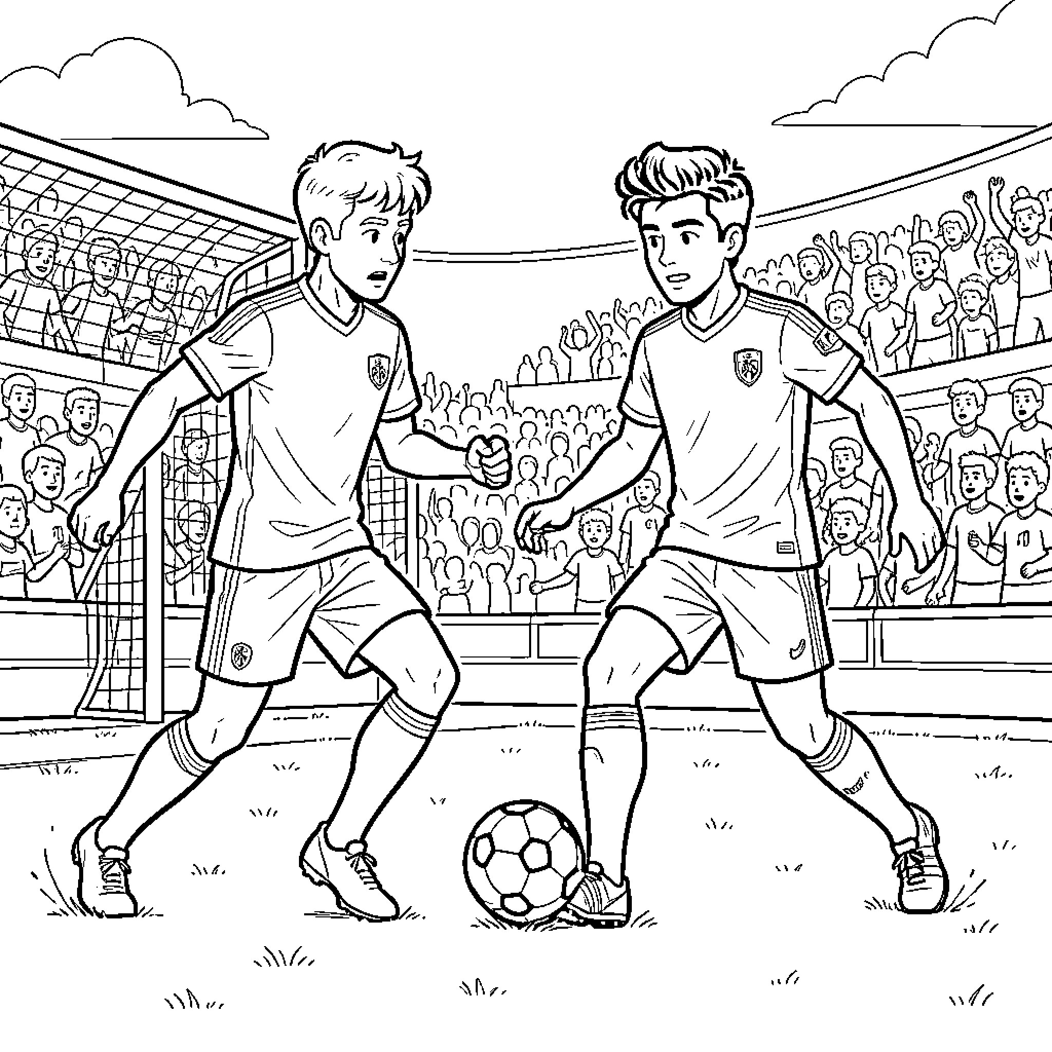 Desire Doué playing soccer intensely in a stadium Coloring Page (free black-and-white line drawing printable PDF for all, from beginners to advanced learners, including children, teens, adults, and seniors)