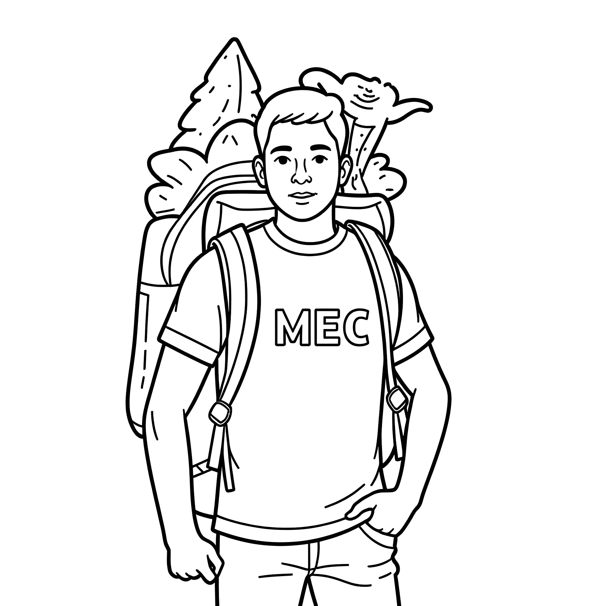 Person wearing backpack in a nature scene Coloring Page (free black-and-white line drawing printable PDF for all, from beginners to advanced learners, including children, teens, adults, and seniors)